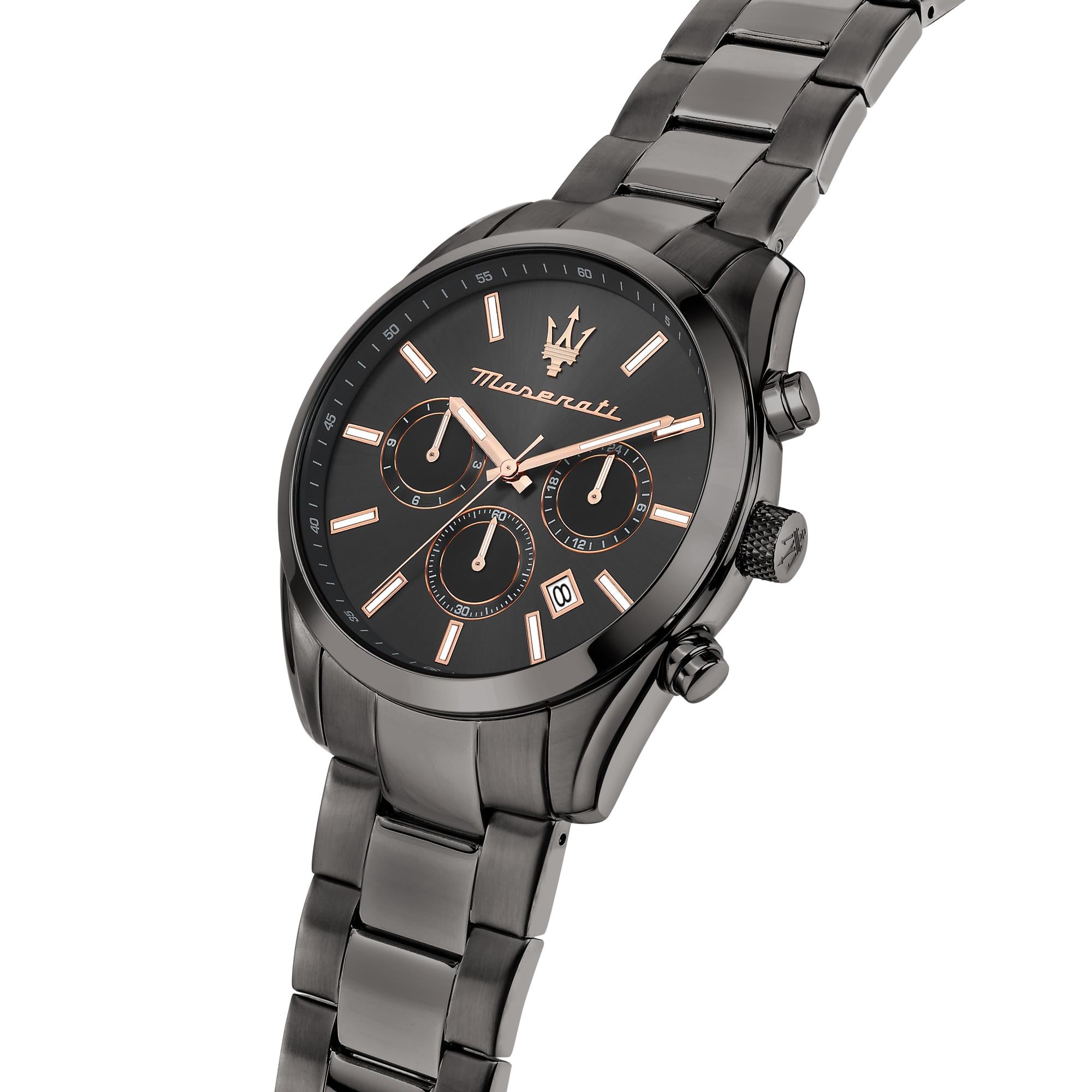 Maserati Attrazione Quarz Schwarzes Chronograph Zifferblatt Schwarzes PVD Stahlarmband Herren Uhr R8853151001