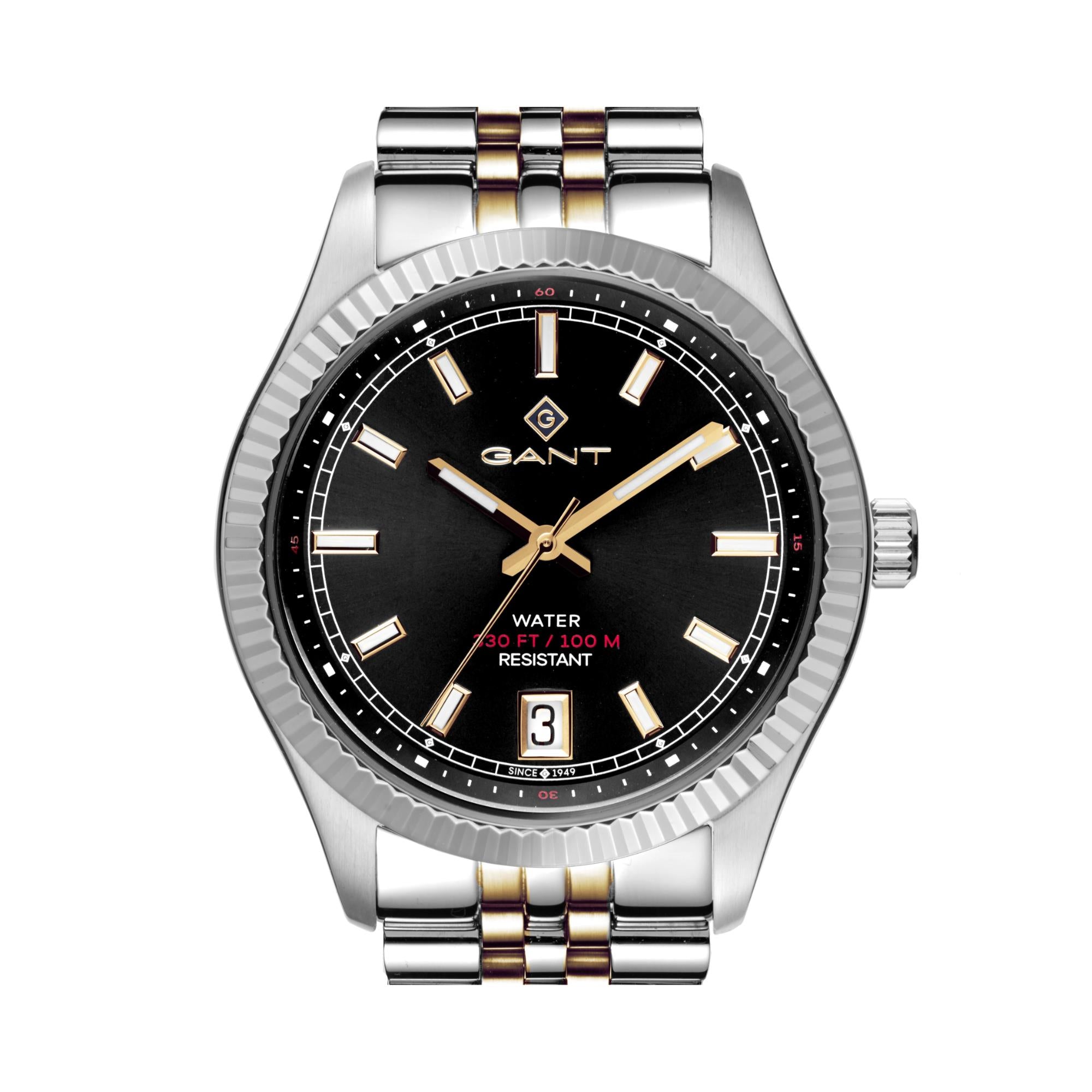 Gant Sussex 44 Quarz Schwarzes Zifferblatt Zweifarbiges Stahlarmband Herren Uhr G166009