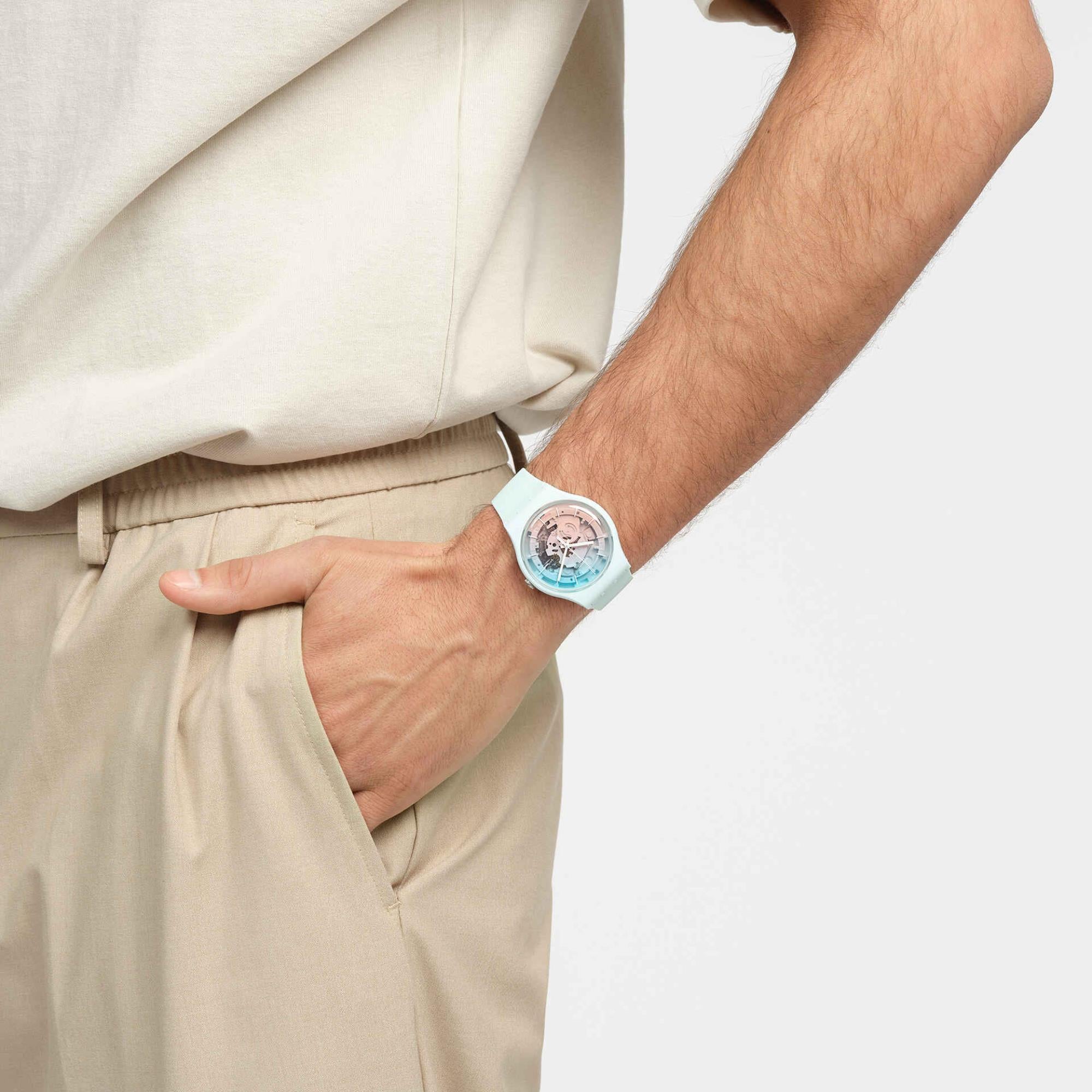 Swatch SwatchPAY! Fleetingly IceBlue! Quartz Pink Dial Silicone Strap Unisex Watch SO32S101