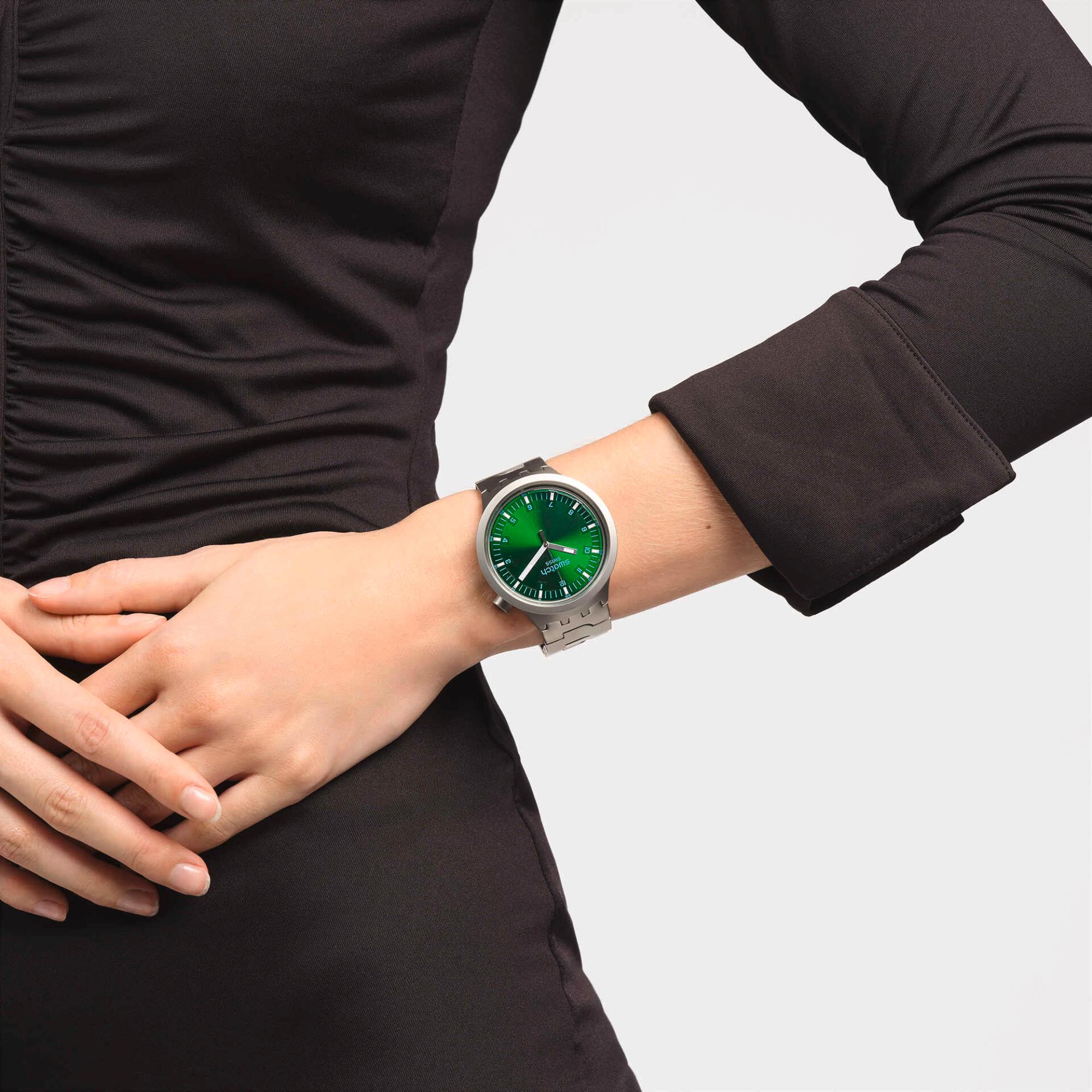 Swatch Big Bold Irony Forest Face Quartz Green Dial Steel Strap Unisex Watch SB07S101G