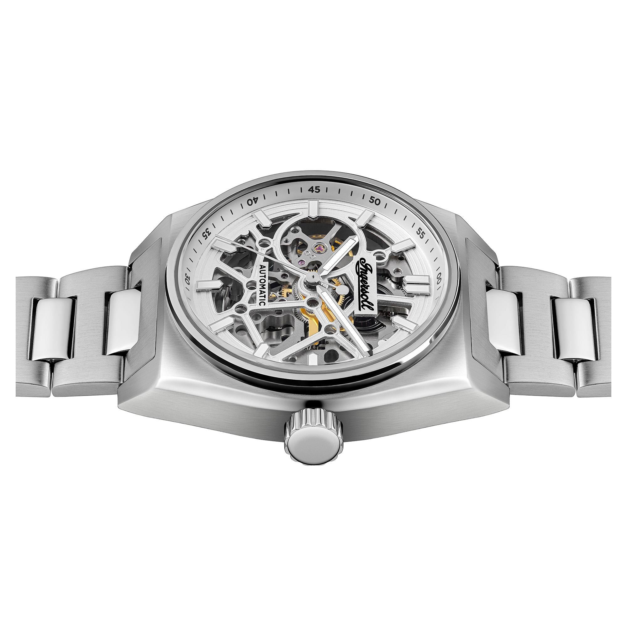 Ingersoll The Vert Automatik Silber Skelett Zifferblatt Edelstahl Armband Herren Uhr I14303