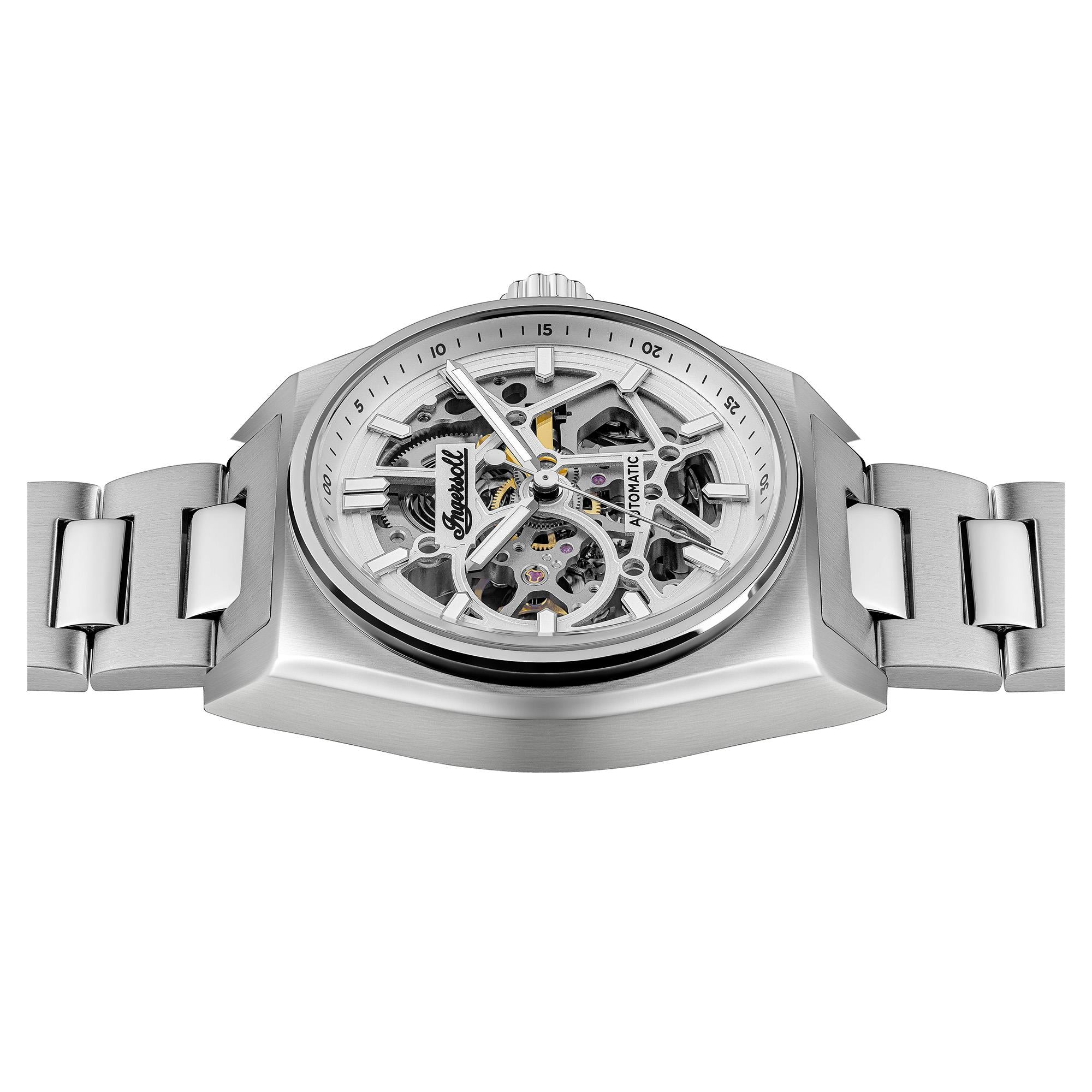 Ingersoll The Vert Automatik Silber Skelett Zifferblatt Edelstahl Armband Herren Uhr I14303