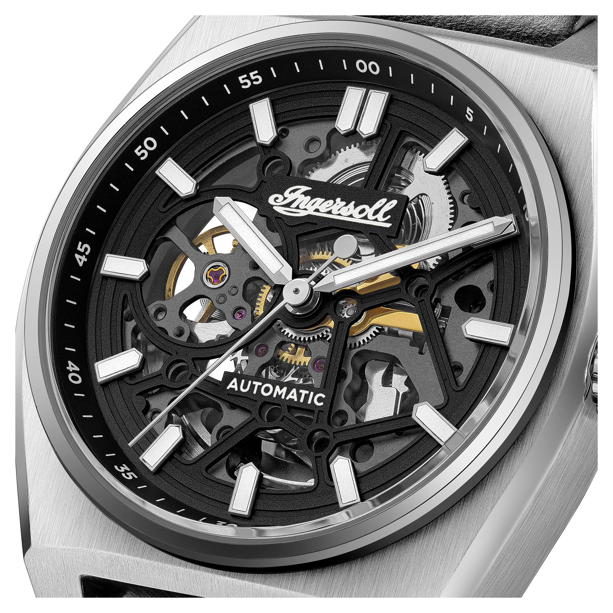 Ingersoll The Vert Automatik Schwarzes Skelett Zifferblatt Schwarzes Lederarmband Herren Uhr I14301
