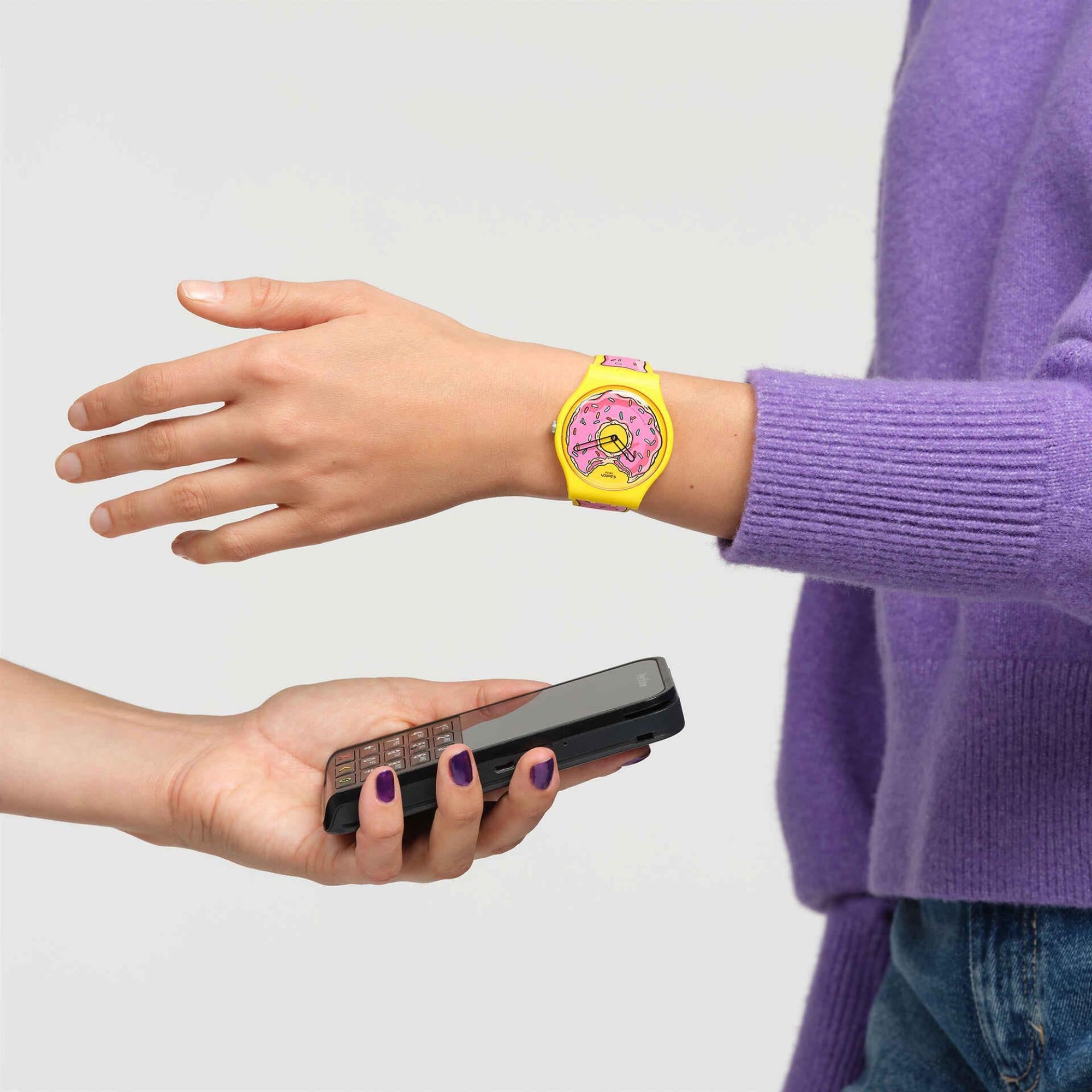 Swatch The Simpsons Collection Seconds Of Sweetness Pay! Quartz Yellow Dial Silicone Strap Unisex Watch SO29Z134-5300
