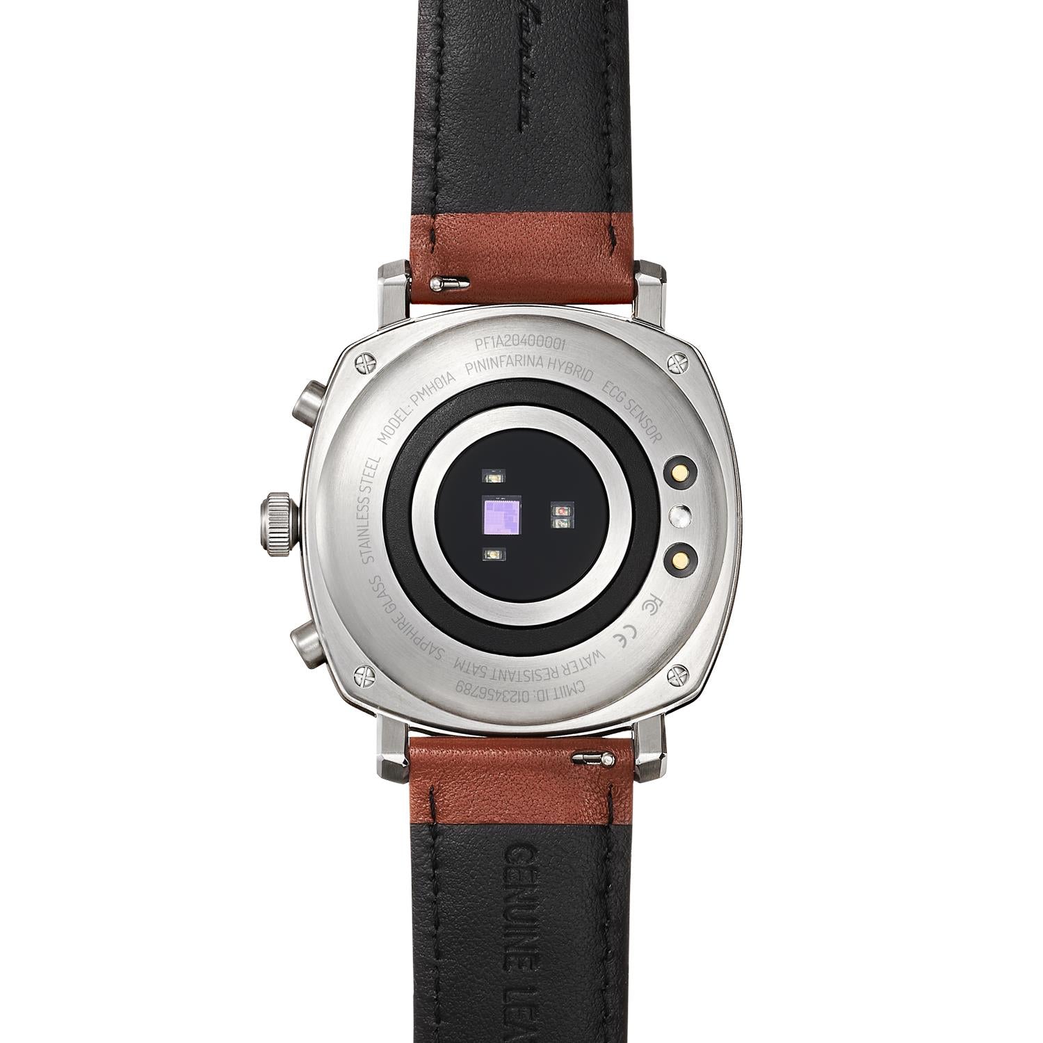 Pininfarina Senso Hybrid PMH01A-01 caseback showing heart rate ECG sensor and genuine leather strap detail