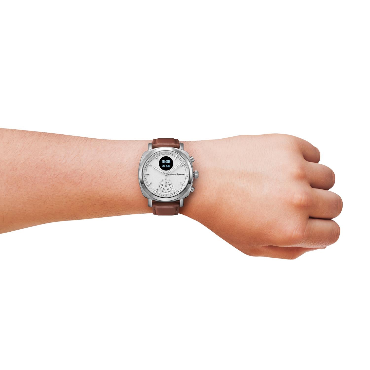 Pininfarina Senso Hybrid PMH01A-01 silver-tone smart watch with brown leather strap on a persons wrist front view