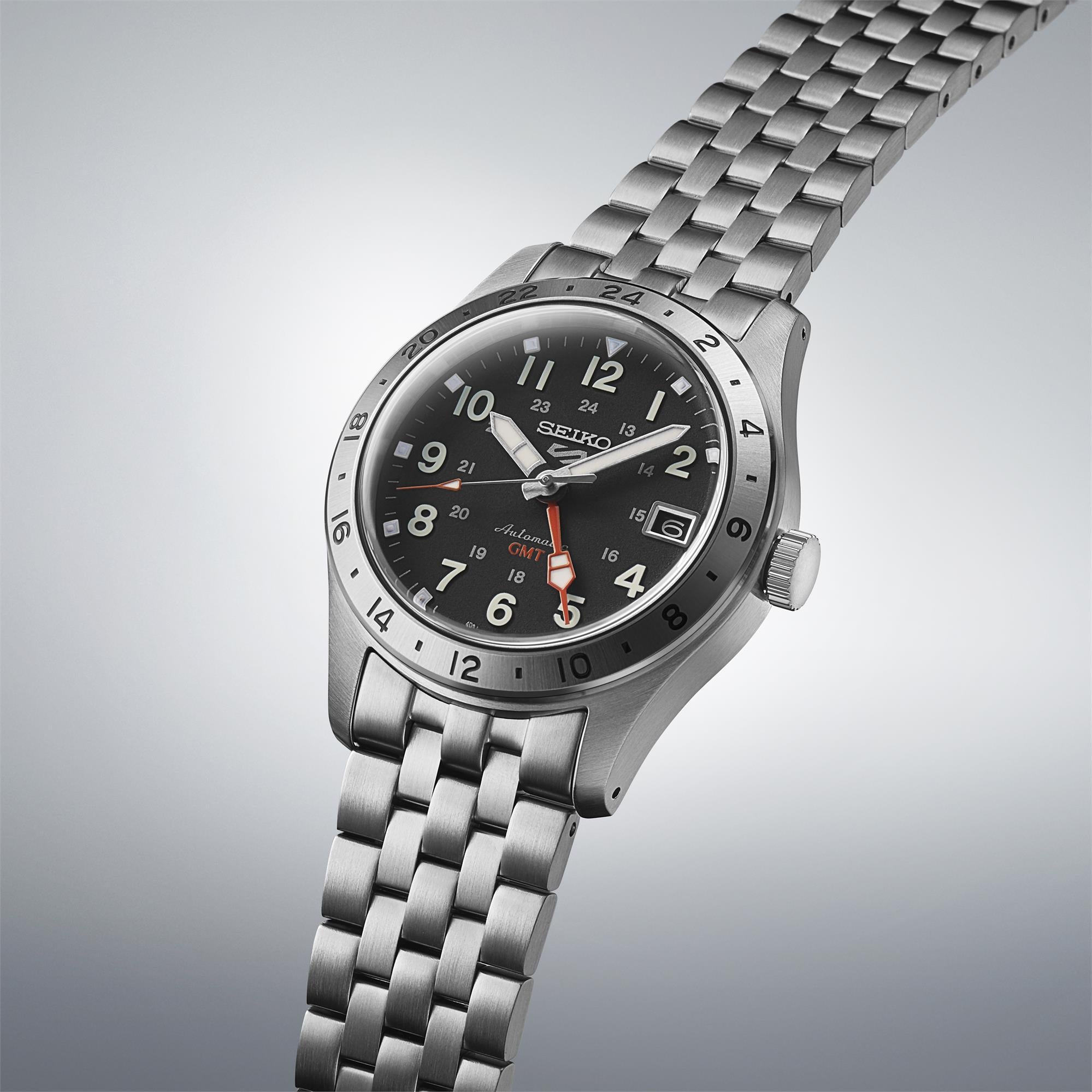 Seiko 5 Sports Field Deploy Mechanical GMT Automatic Black Dial Stainless Steel Bracelet Men's Watch SSK023K1
