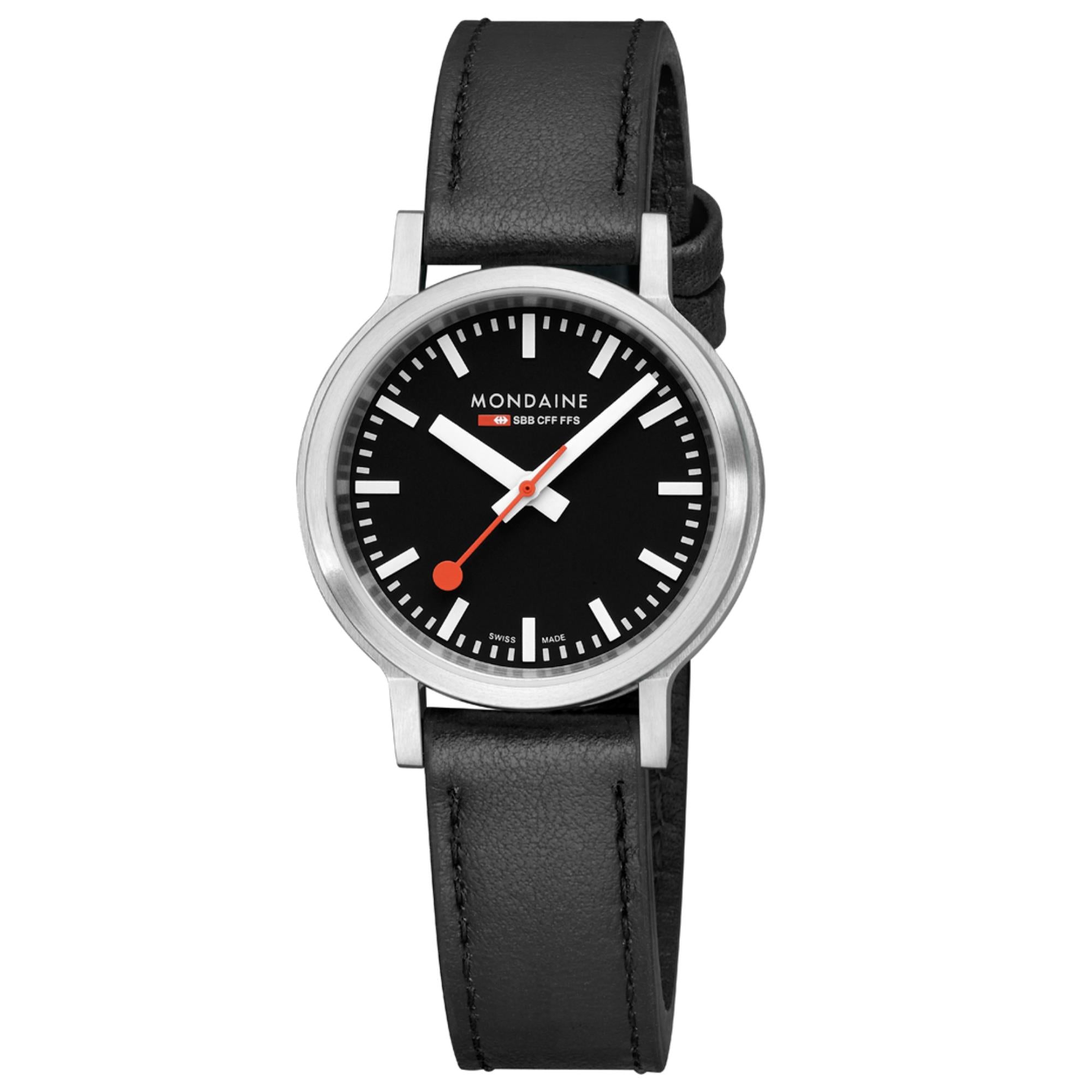 Mondaine stop2go Quarz Schwarzes Zifferblatt Schwarzes Leder Uhr MST.34020.LBV.SET