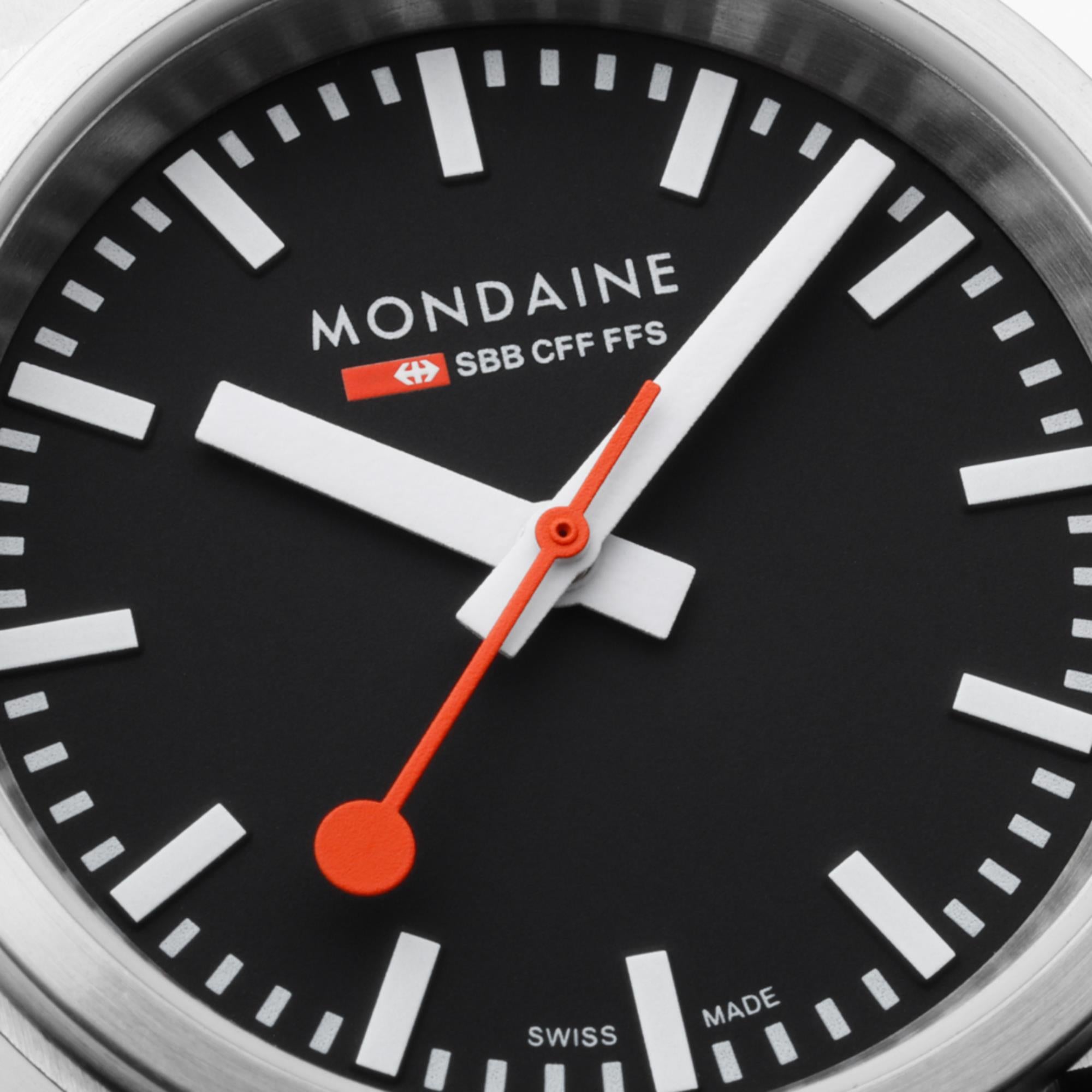 Mondaine stop2go Quarz Schwarzes Zifferblatt Schwarzes Leder Uhr MST.34020.LBV.SET