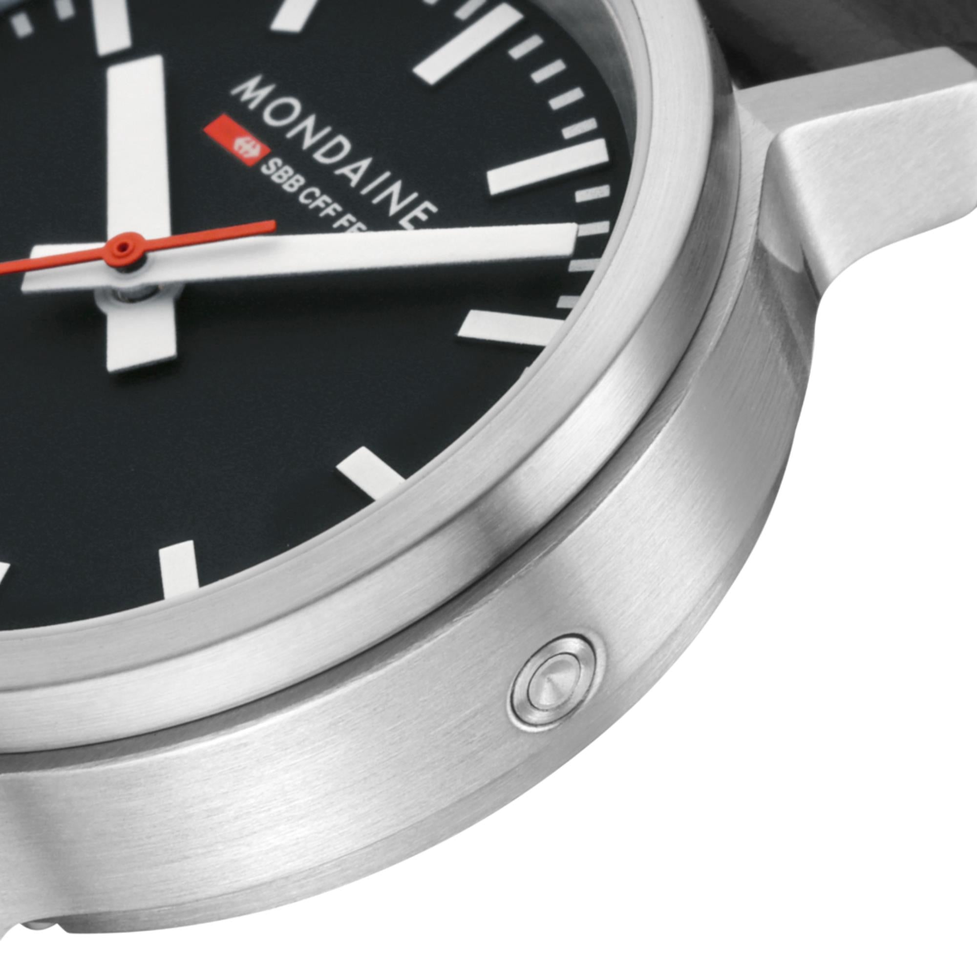 Mondaine stop2go Quarz Schwarzes Zifferblatt Schwarzes Leder Uhr MST.34020.LBV.SET