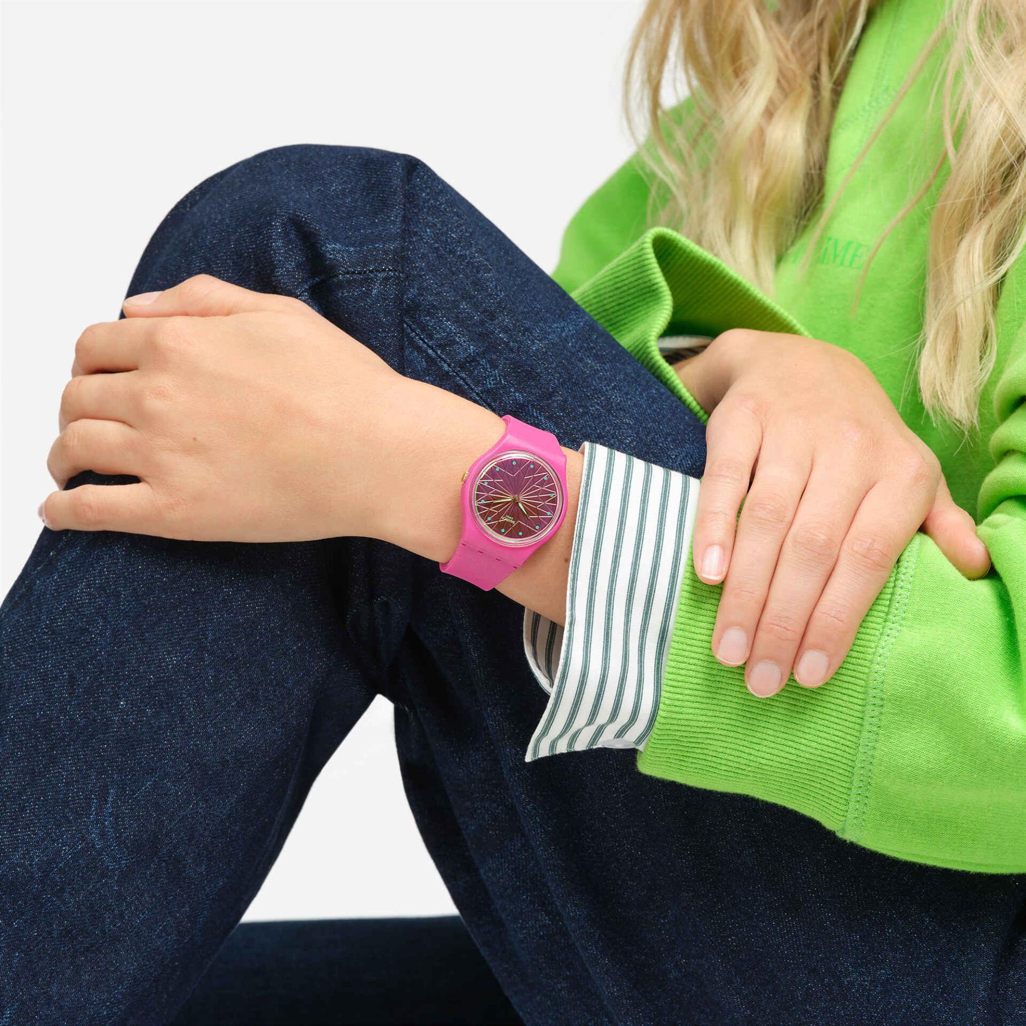 Swatch Holiday Collection Fantasia Fuchsia Pink Dial Silicone Watch SO28P110