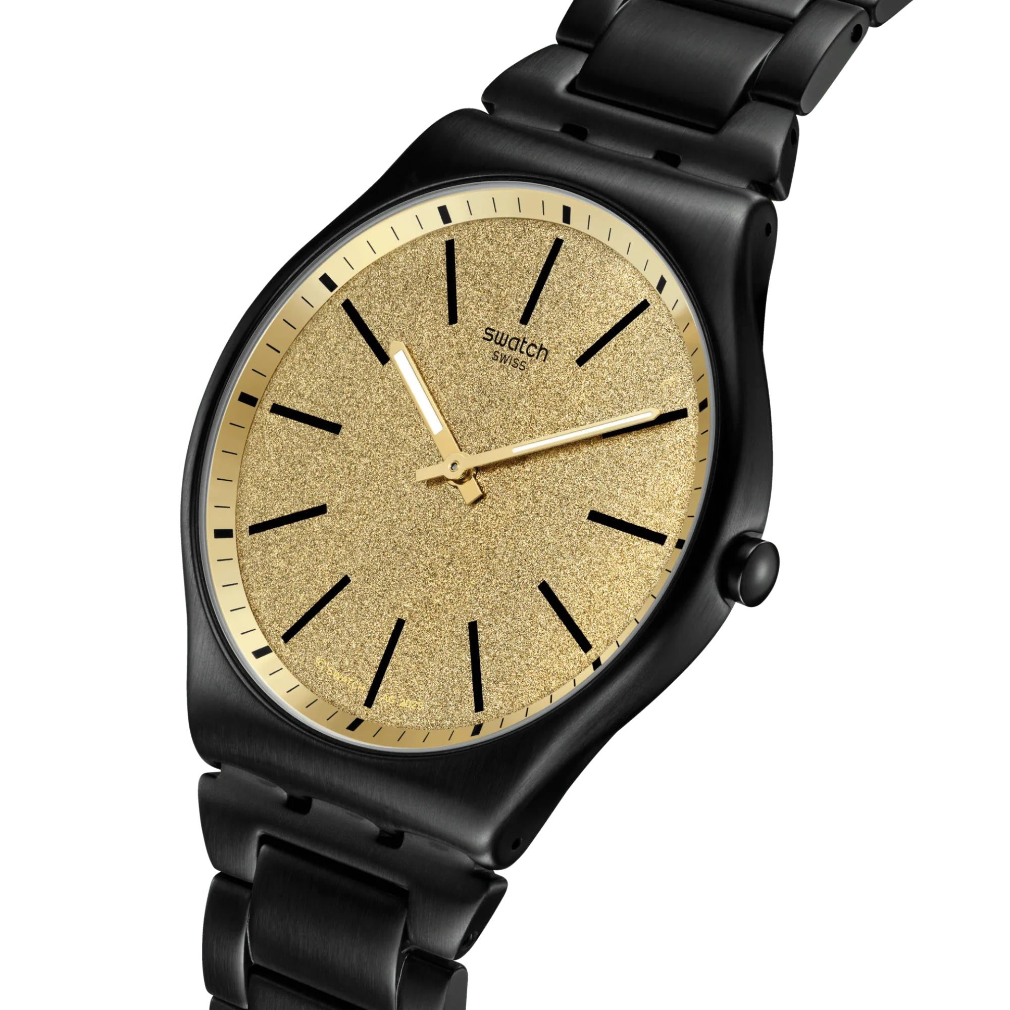 Swatch Dashing Slate Quarz Goldenes Zifferblatt Stahlarmband Uhr SS07B109G