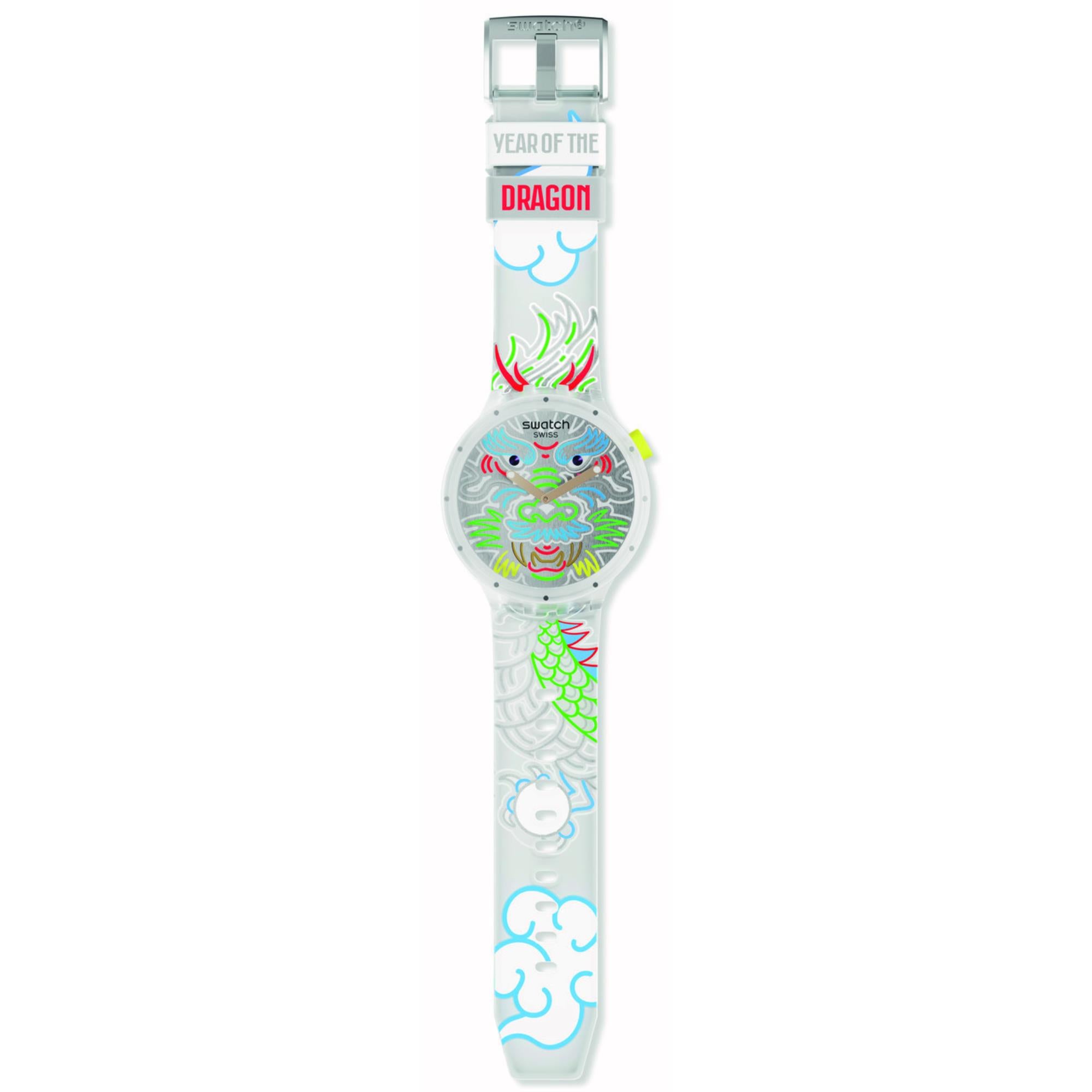 Swatch Dragon In Cloud Quarz Silbernes Zifferblatt Silikon Uhr SB05Z102