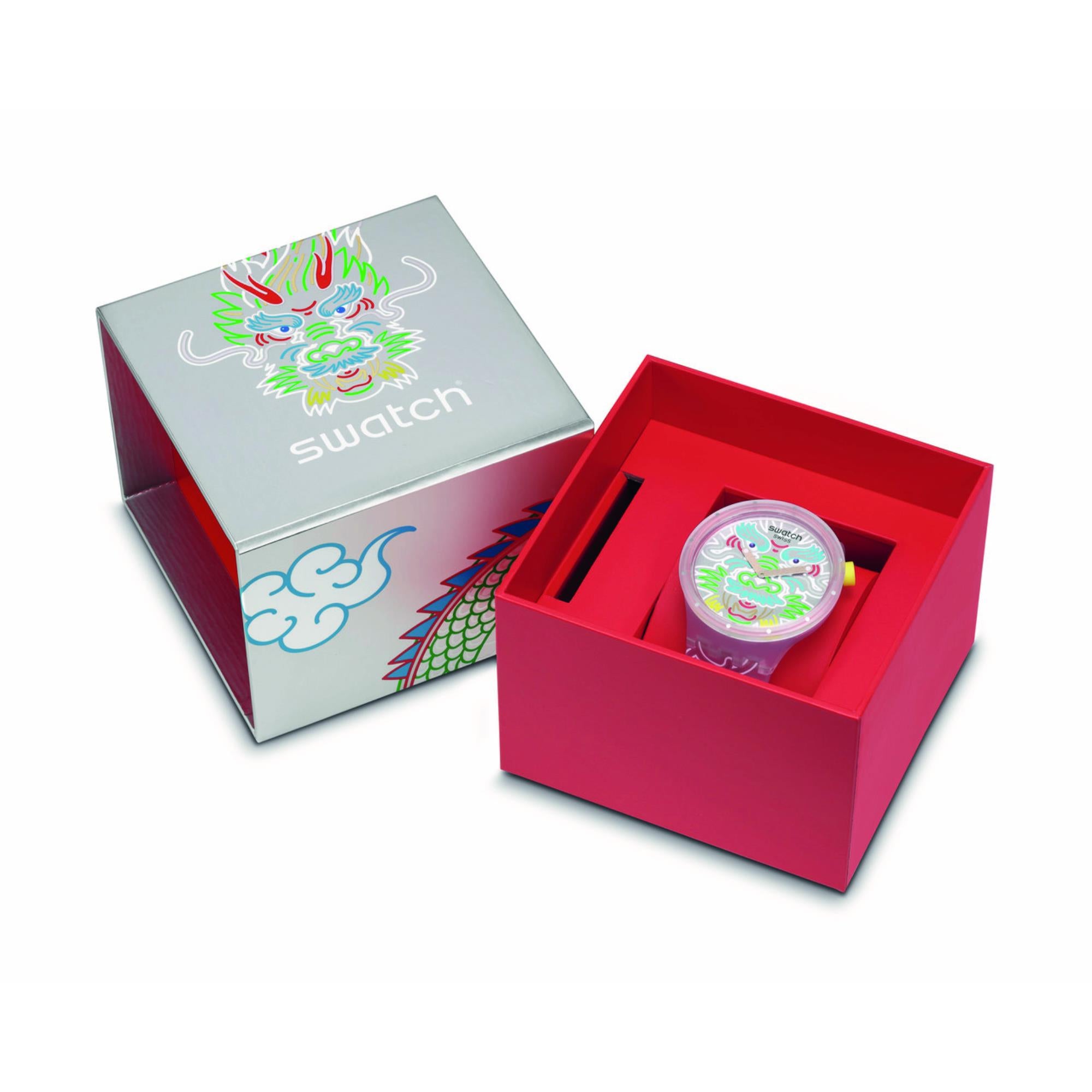 Swatch Dragon In Cloud Quarz Silbernes Zifferblatt Silikon Uhr SB05Z102