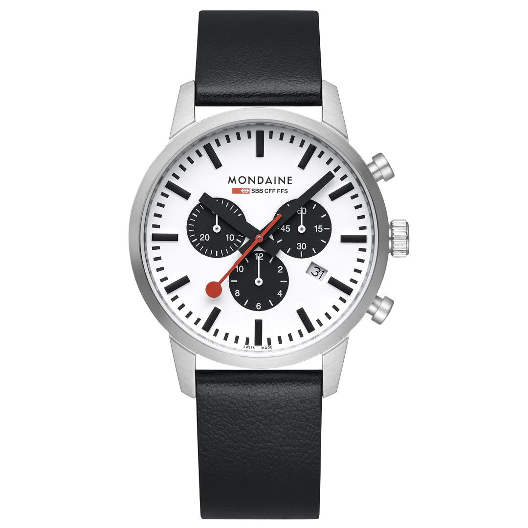 Mondaine Neo SBB Chrono White Dial Leather Strap Men's Watch MSD.41410.LBV