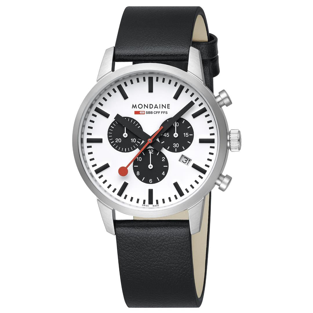Mondaine Neo 41mm Chronograph White Dial Leather Mens Quartz Watch MSD.41410.LBV