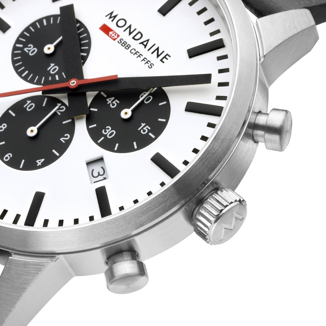Mondaine Neo 41mm Chronograph White Dial Leather Mens Quartz Watch MSD.41410.LBV