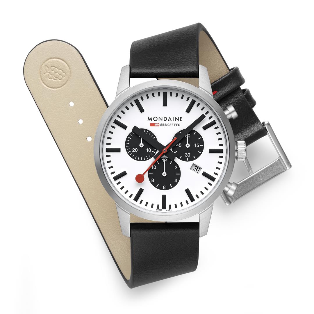 Mondaine Neo 41mm Chronograph White Dial Leather Mens Quartz Watch MSD.41410.LBV