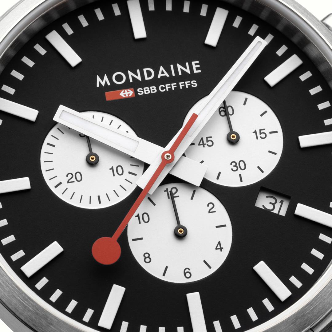 Mondaine Neo 41mm Chronograph Black Dial Leather Mens Quartz Watch MSD.41420.LBV