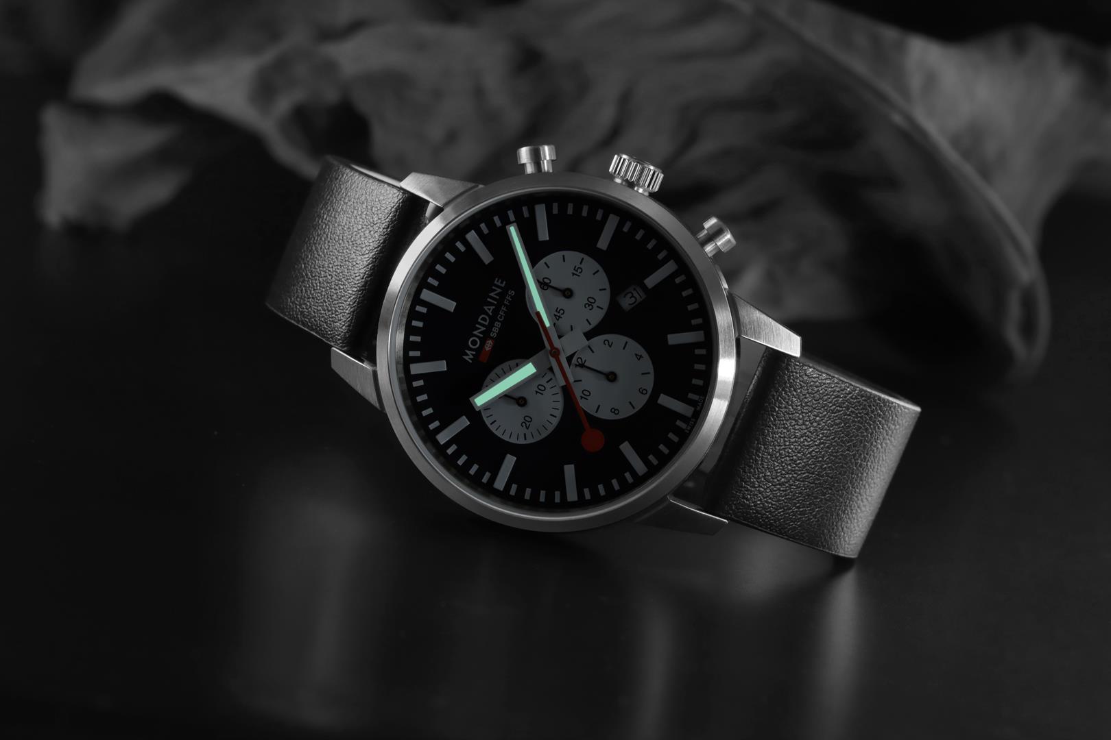 Mondaine Neo 41mm Chronograph Black Dial Leather Mens Quartz Watch MSD.41420.LBV