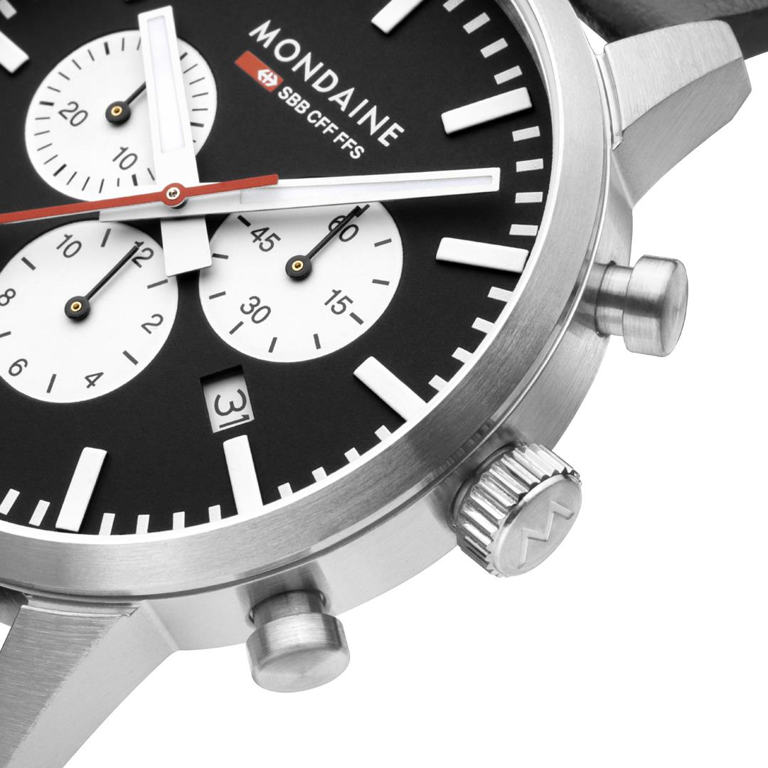Mondaine Neo 41mm Chronograph Black Dial Leather Mens Quartz Watch MSD.41420.LBV