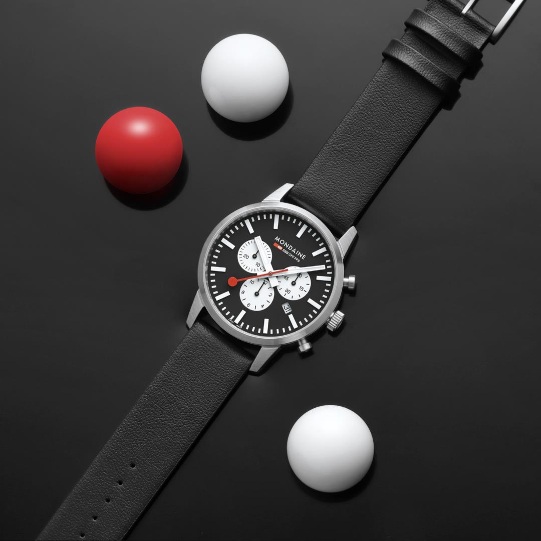 Mondaine Neo 41mm Chronograph Black Dial Leather Mens Quartz Watch MSD.41420.LBV