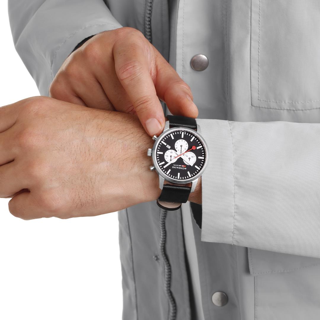 Mondaine Neo 41mm Chronograph Black Dial Leather Mens Quartz Watch MSD.41420.LBV