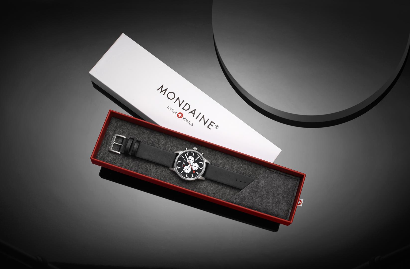 Mondaine Neo 41mm Chronograph Black Dial Leather Mens Quartz Watch MSD.41420.LBV