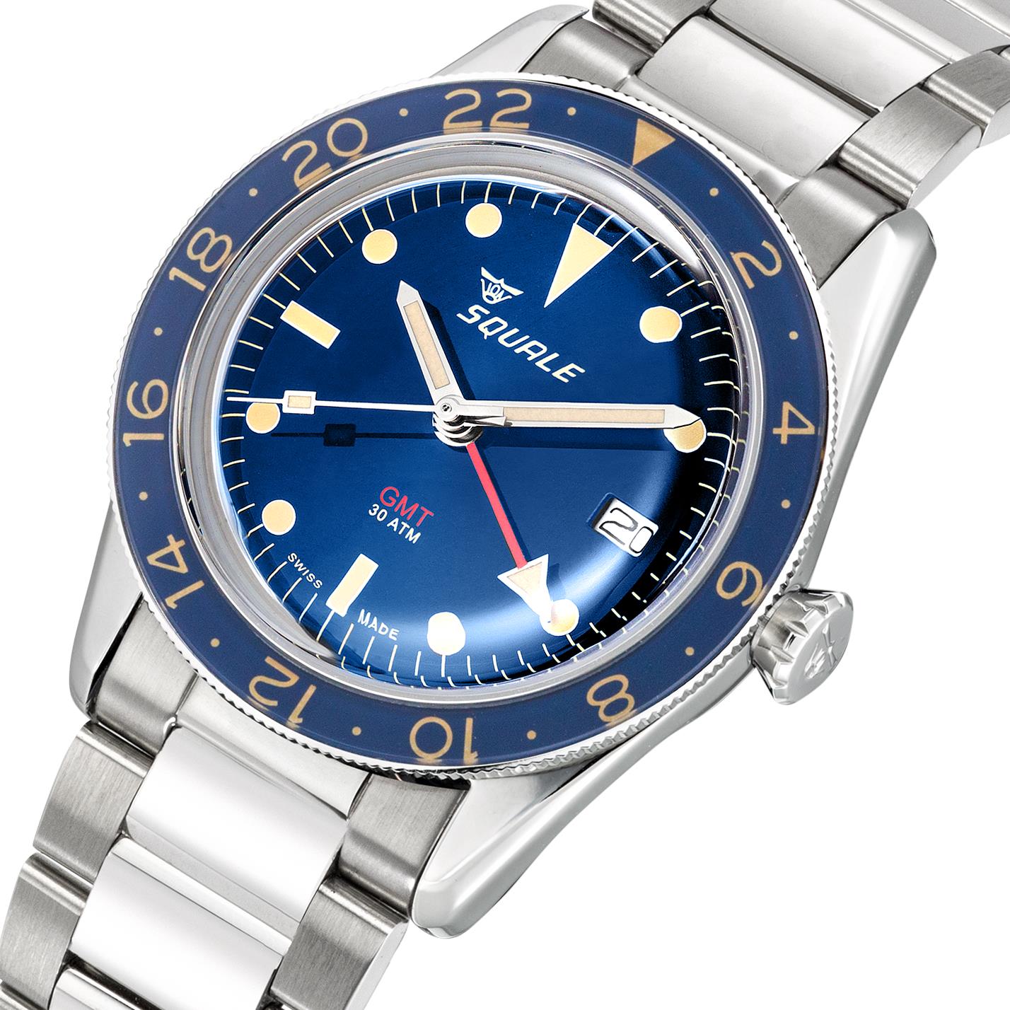 Squale Sub-39 GMT Vintage Automatik Blaues Zifferblatt Edelstahlarmband Herren Uhr SUB-39GMTB.BR22