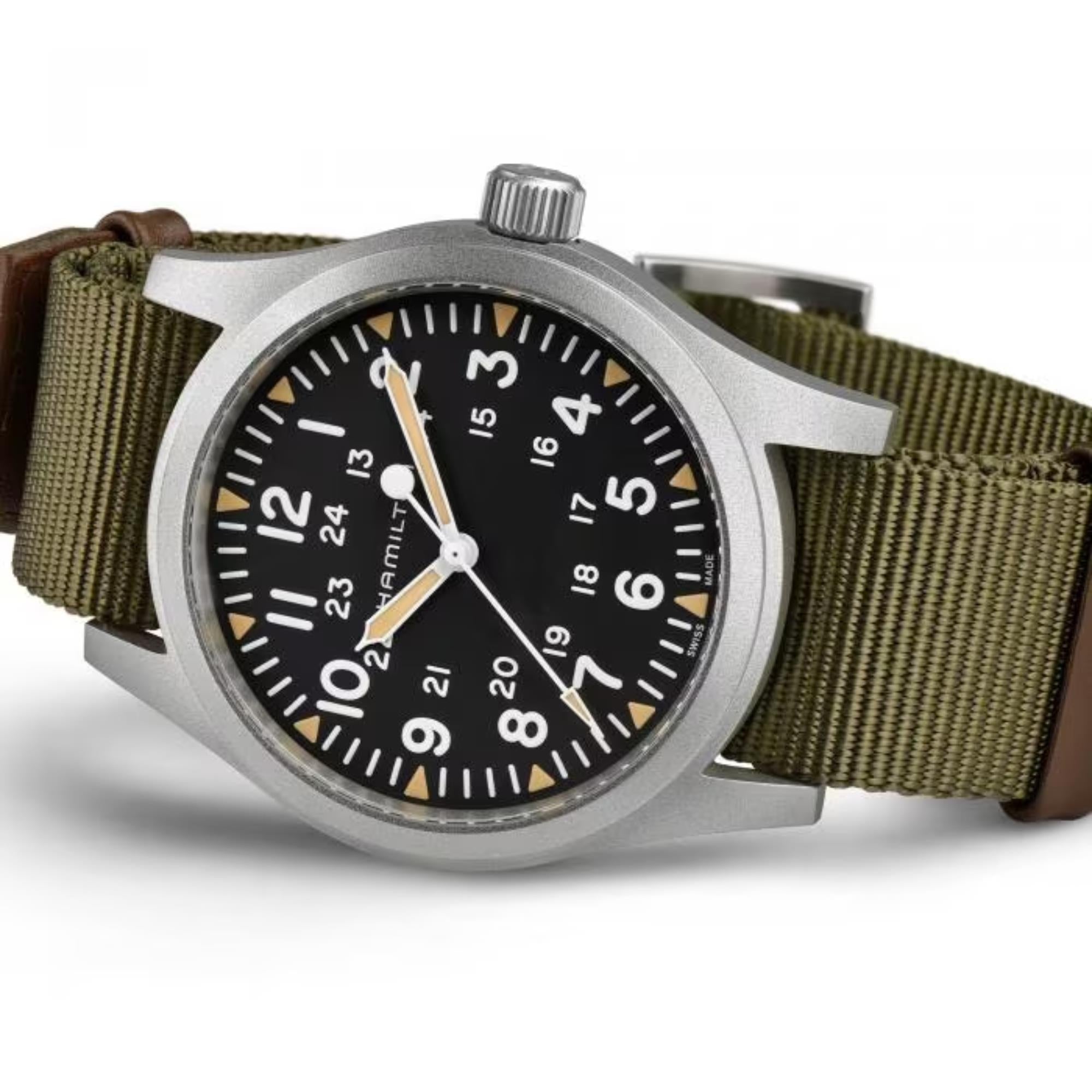 Hamilton Khaki Field H69529933 green textile NATO strap on white background