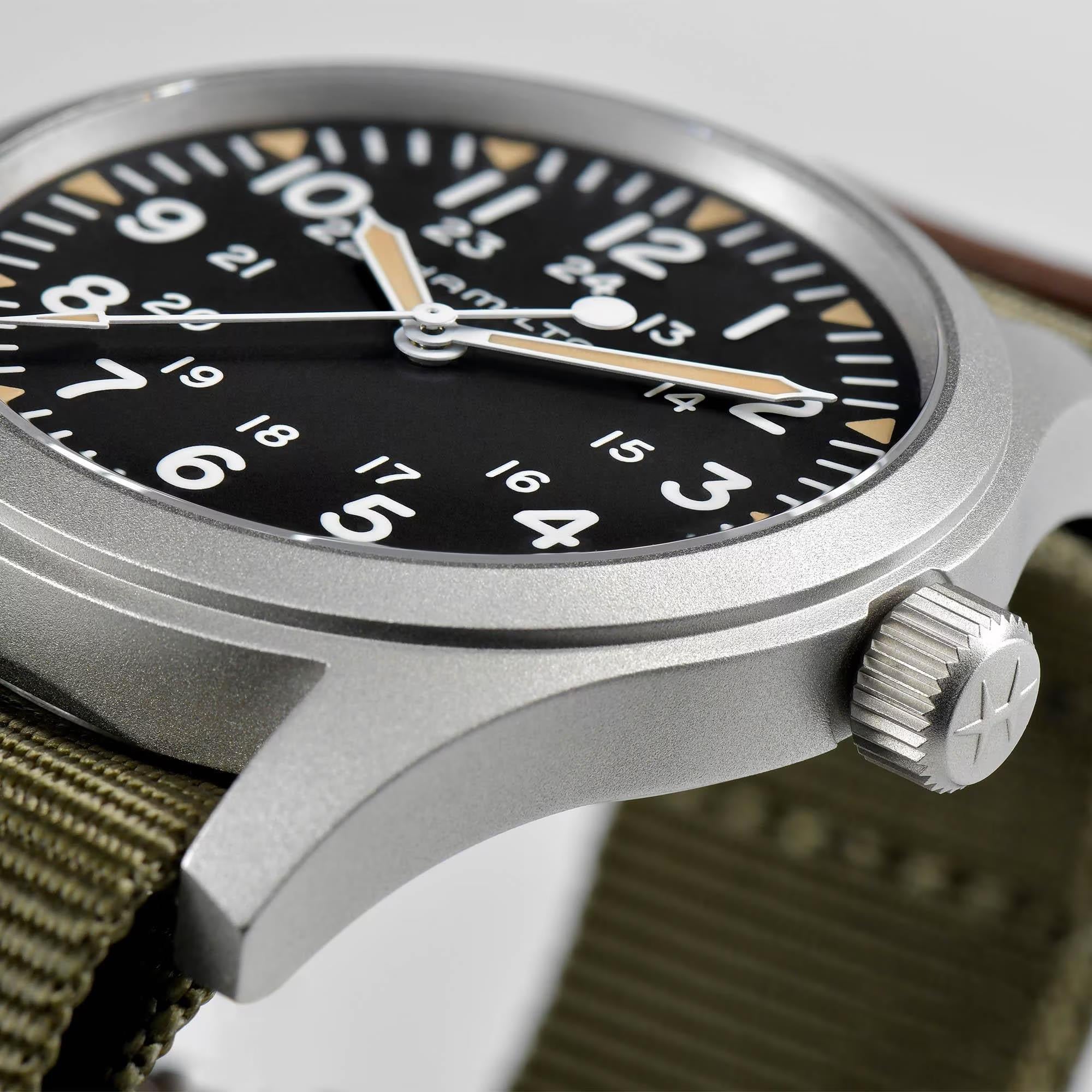 Hamilton Khaki Field H69529933 matte black dial with 12/24-hour Arabic numerals close-up