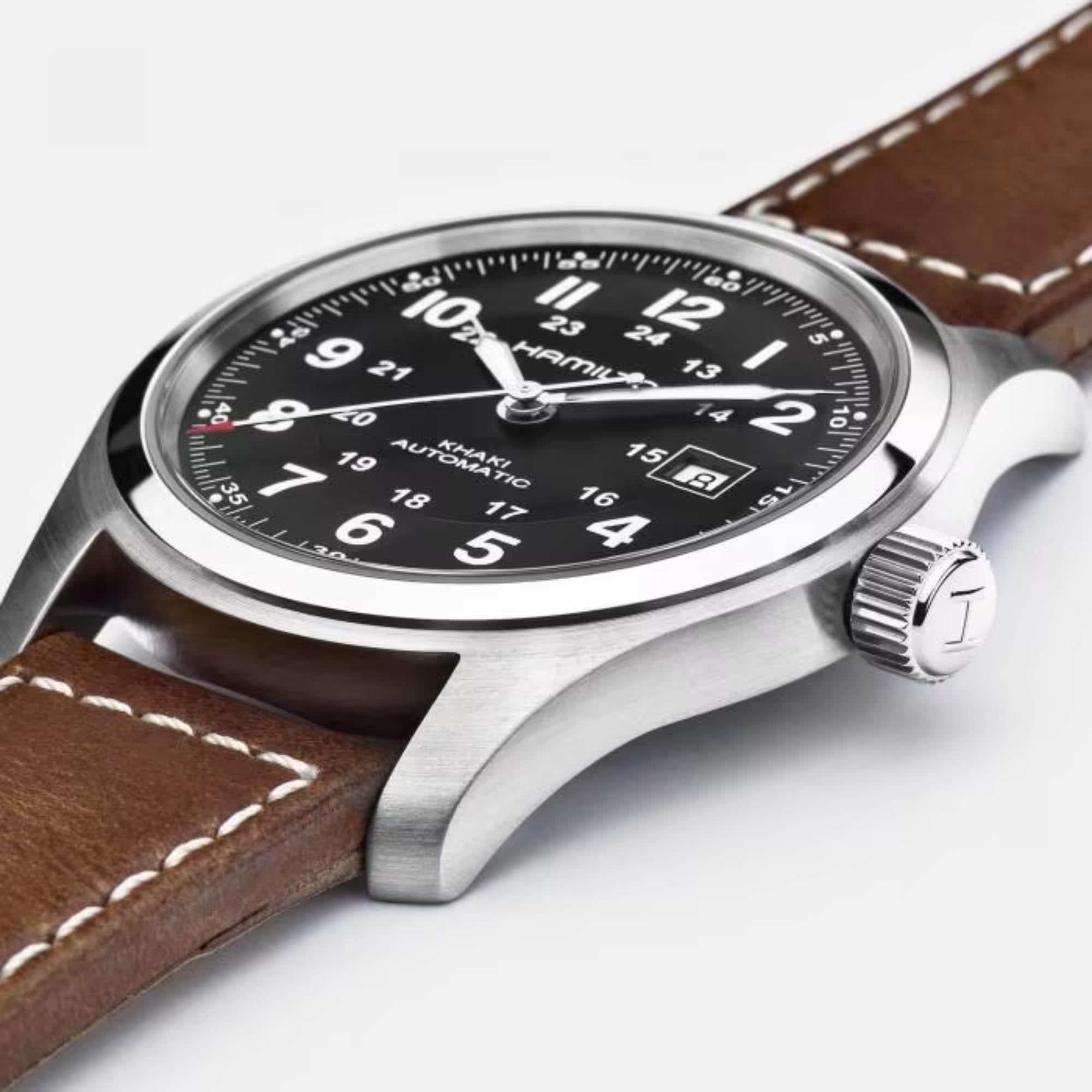 Hamilton Khaki Field H70555533 black dial with Arabic numerals and 24-hour inner ring side-view