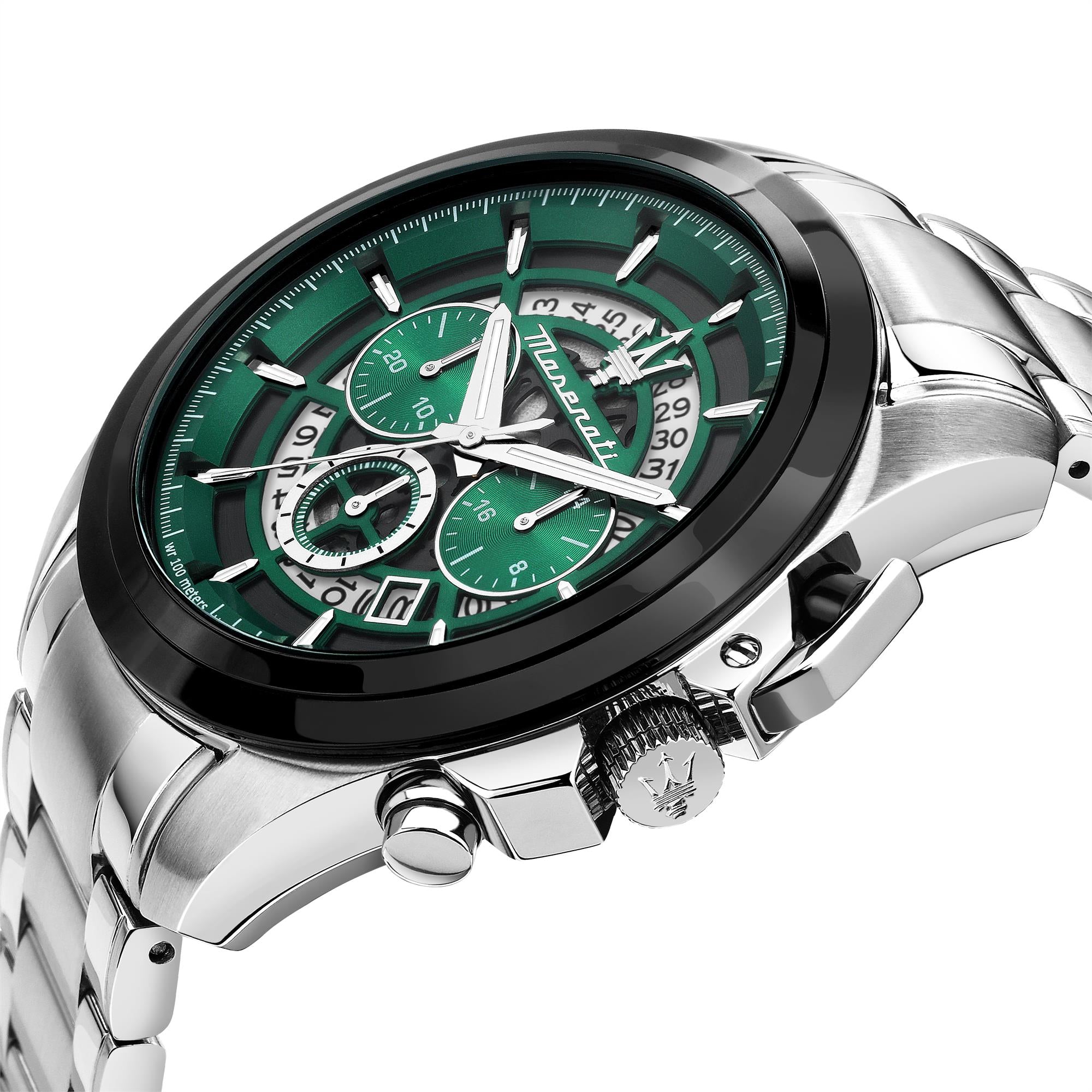 Maserati Traguardo Quarz Chronograph Grünes Zifferblatt Stahlarmband Herren Uhr R8873612060