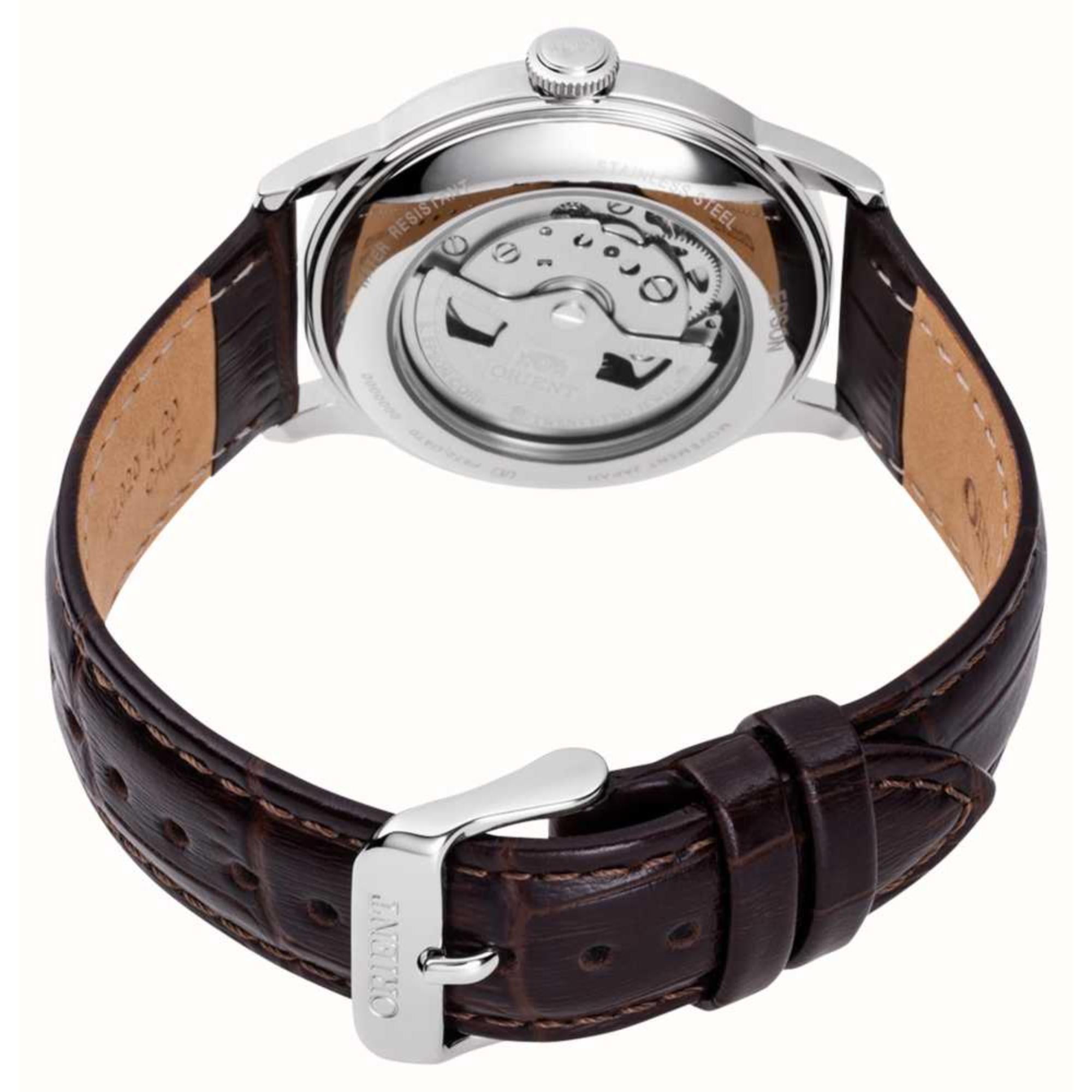 Orient RA-AC0M04Y10B-EX exhibition case back showing the mechanical movement and brown leather strap detail
