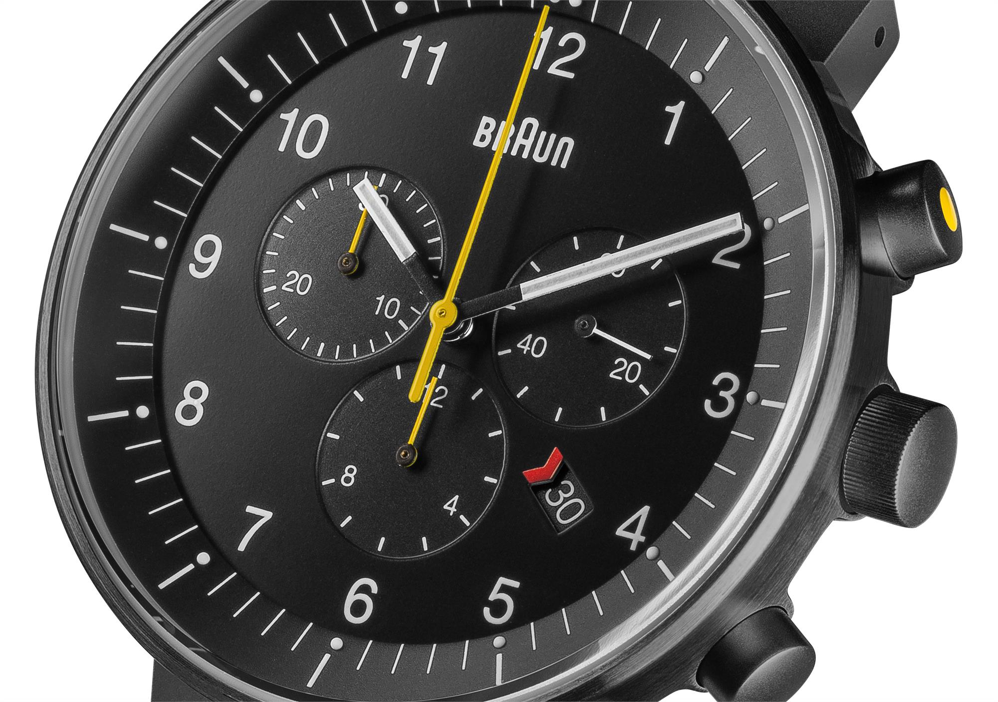 Braun Prestige Chronograph Quartz Black Dial Leather Strap Men's Watch BN0095BKG
