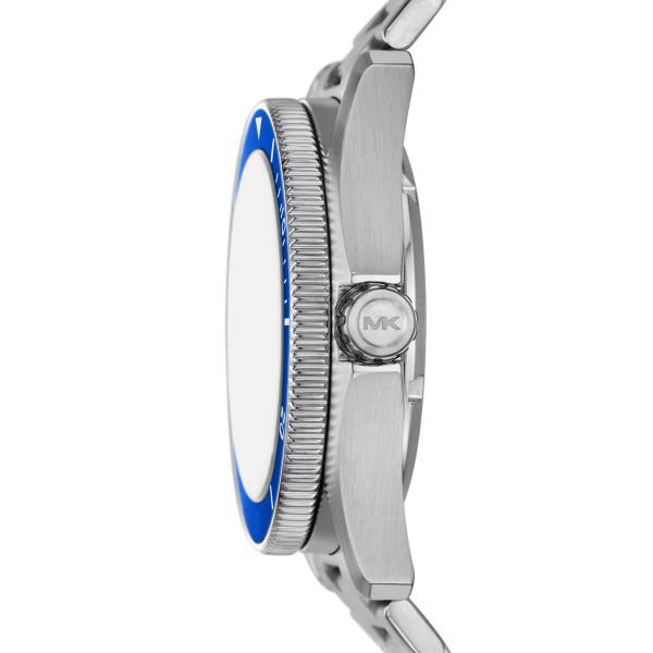 Close-up of a silver watch with a blue accent on a white background