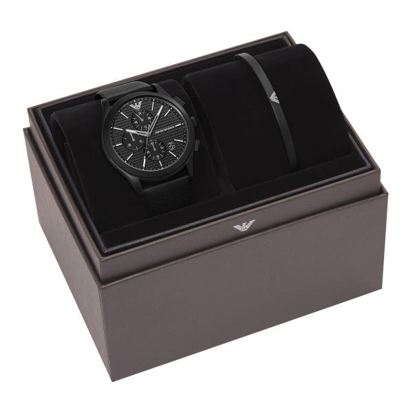 Emporio Armani Paolo 42mm Chronograph Black Dial Leather Mens Quartz Watch and Bracelet Gift Set AR80070SET