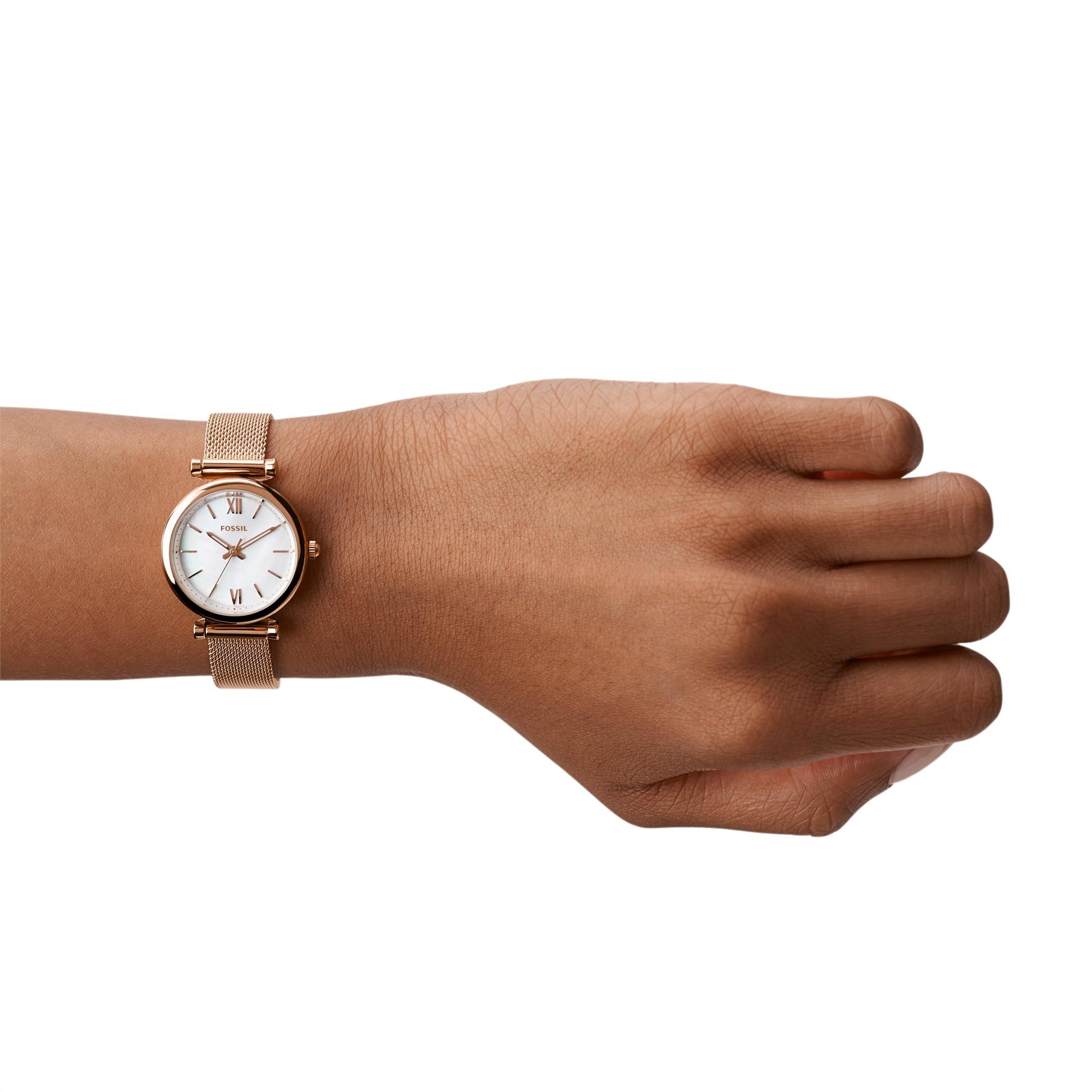 Fossil Carlie 28mm White Mother of Pearl Dial Steel Ladies Quartz Watch ES4433