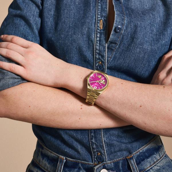Fossil Scarlette 38mm Pink Dial Steel Ladies Quartz Watch ES5325