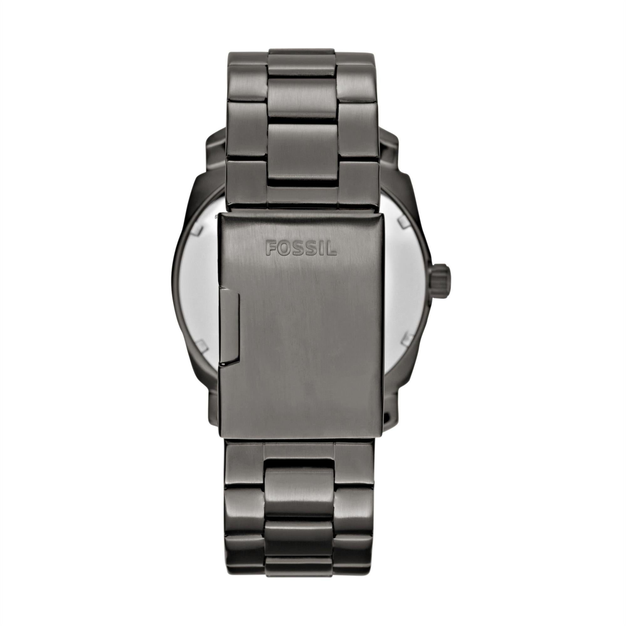 Fossil watch with metallic band on a white background