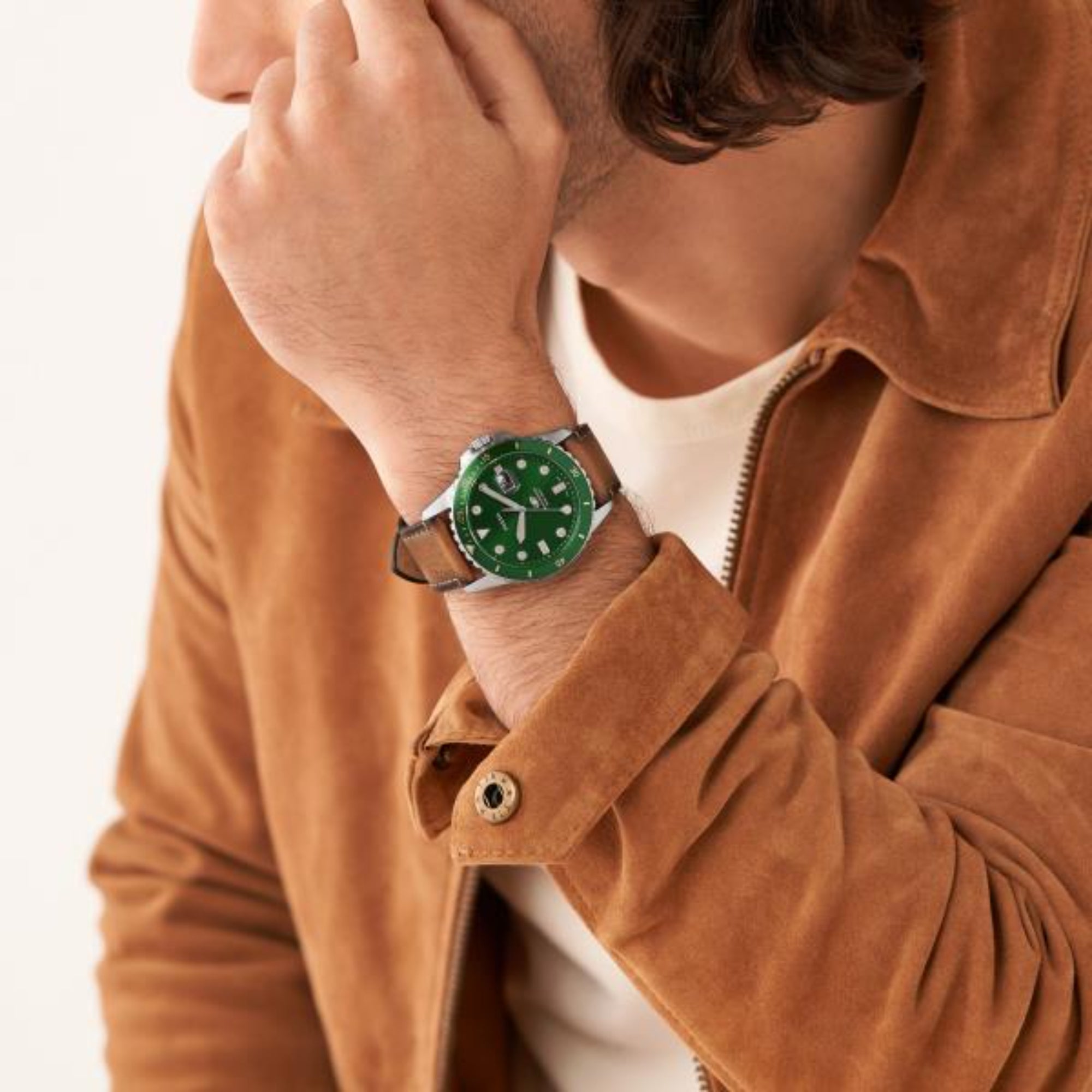 Fossil Blue Dive 42mm Green Dial Leather Mens Quartz Watch FS5946