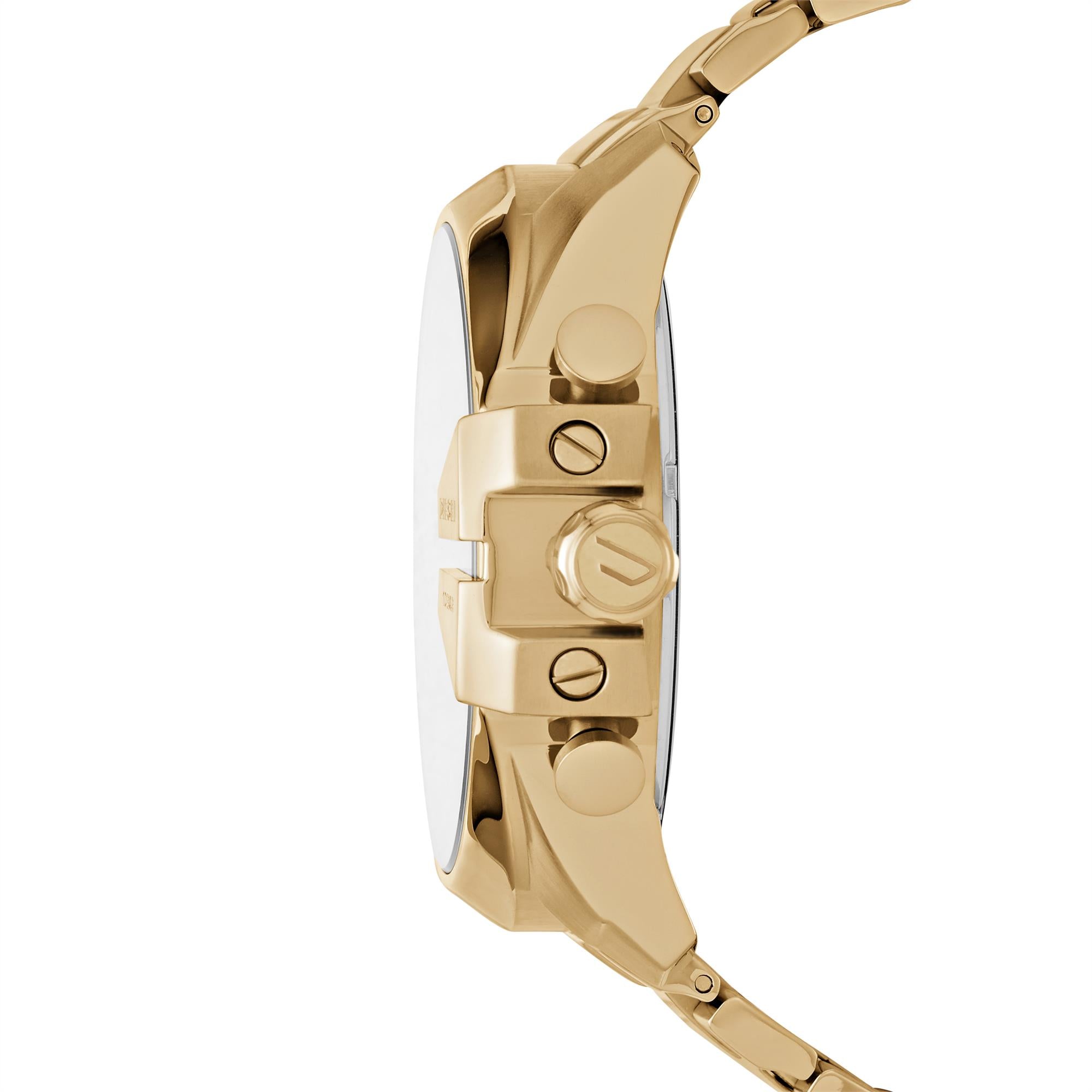 Gold watch with a close-up of the case on a white background