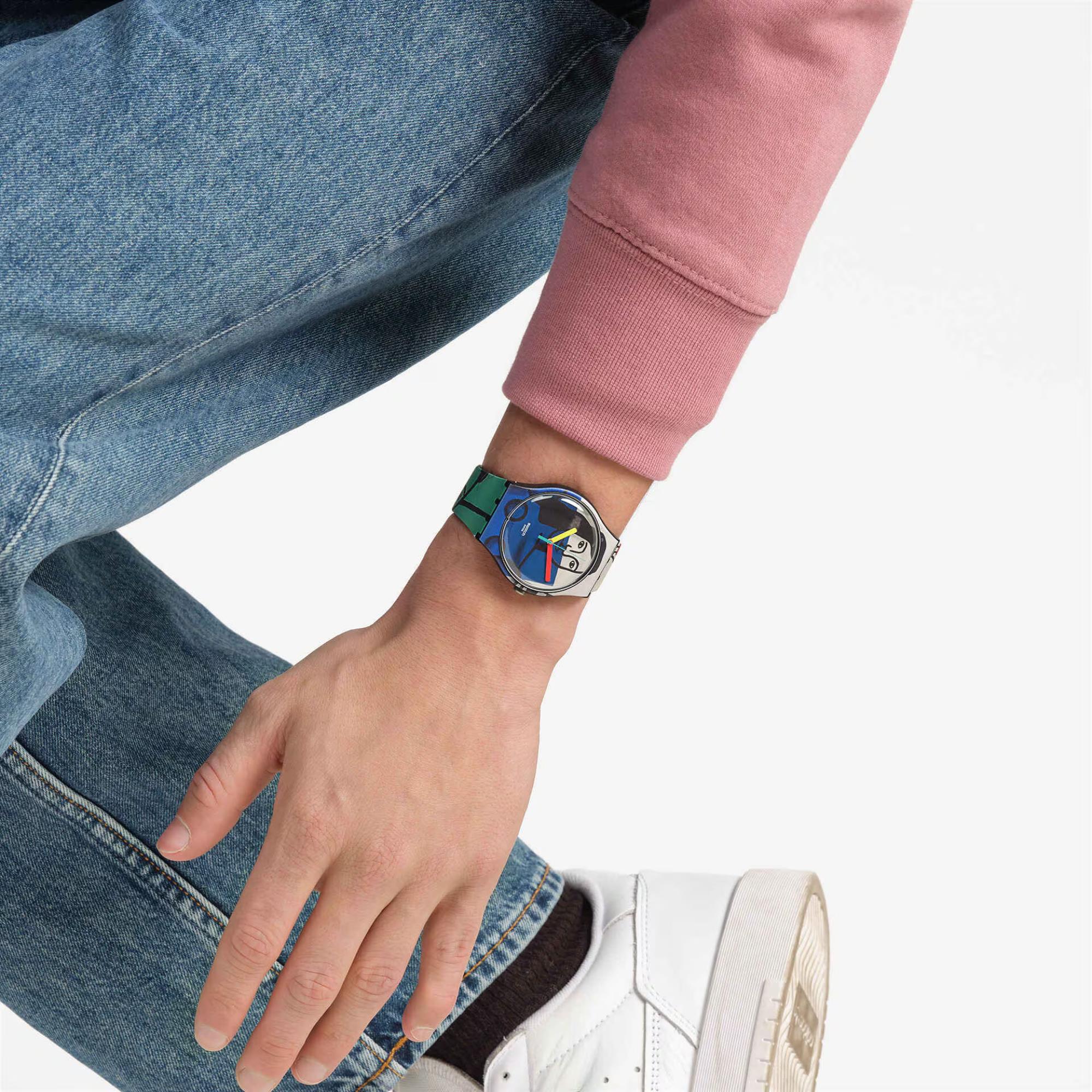 Swatch Leger's Two Women Holding Flowers Silicone Strap Watch SUOZ363C