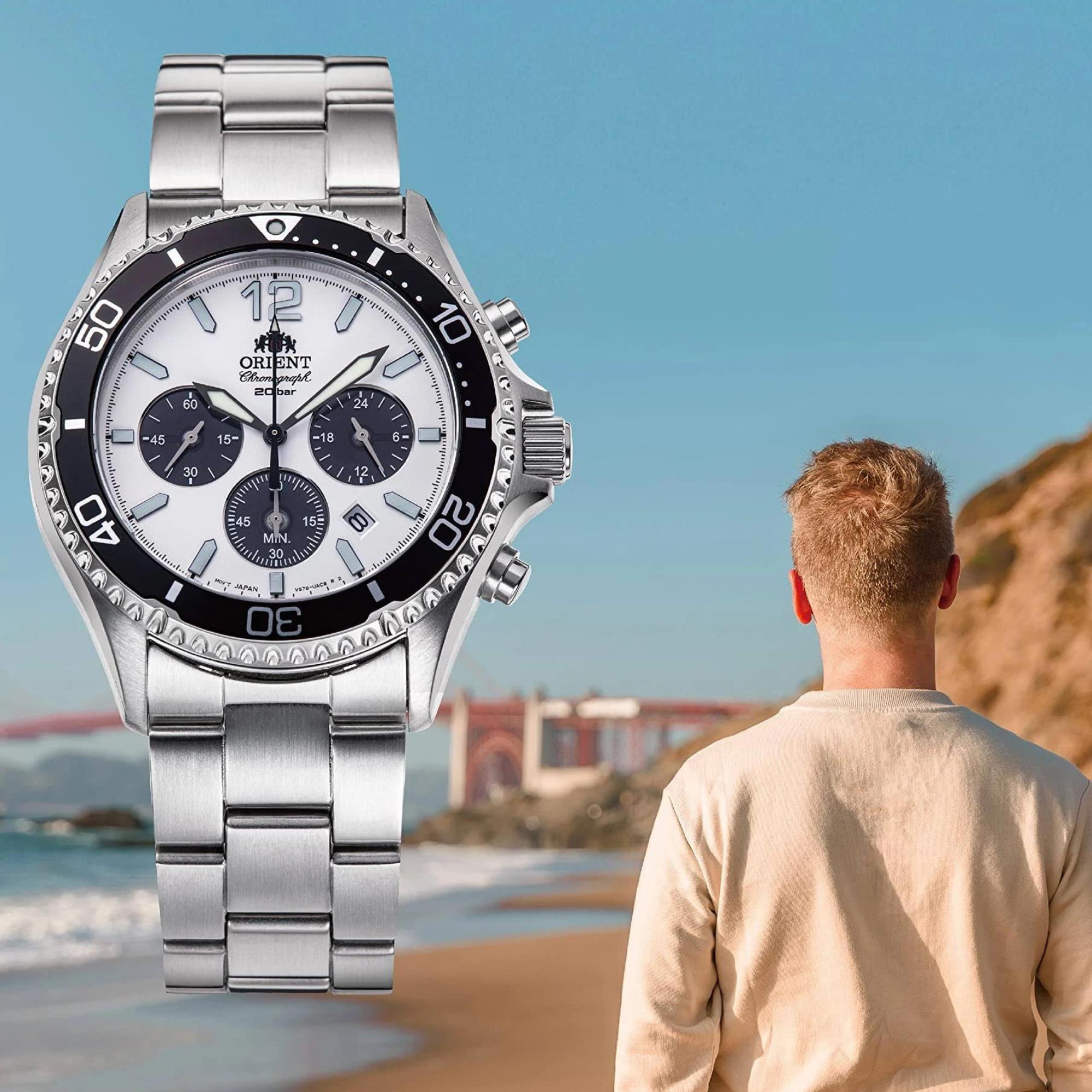 Orient Mako 43mm Solar Ex-Display Chronograph White Dial Steel Mens Quartz Watch RA-TX0203S10B