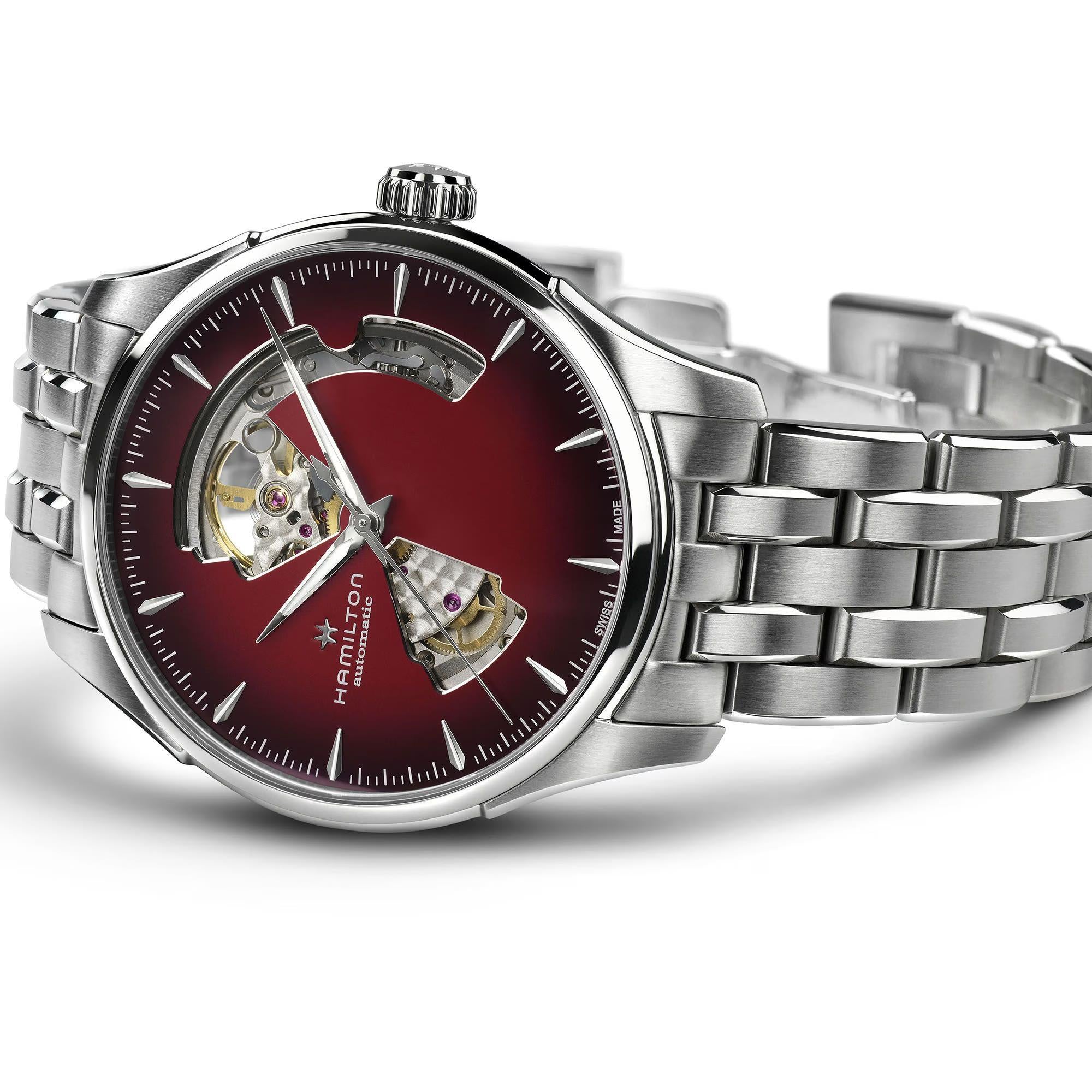 Hamilton Jazzmaster Open Heart 40mm burgundy dial H32675170 steel watch on white background