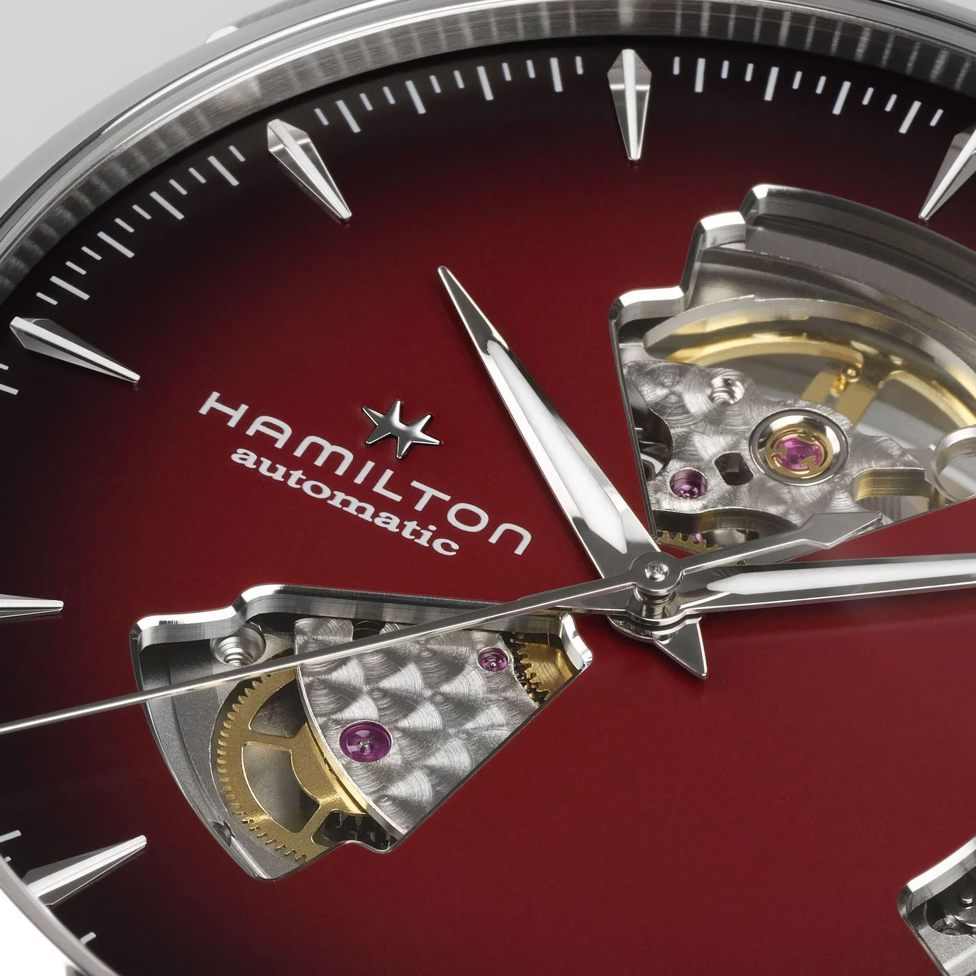 Hamilton H32675170 burgundy dial with open-heart aperture at 12 o'clock close-up