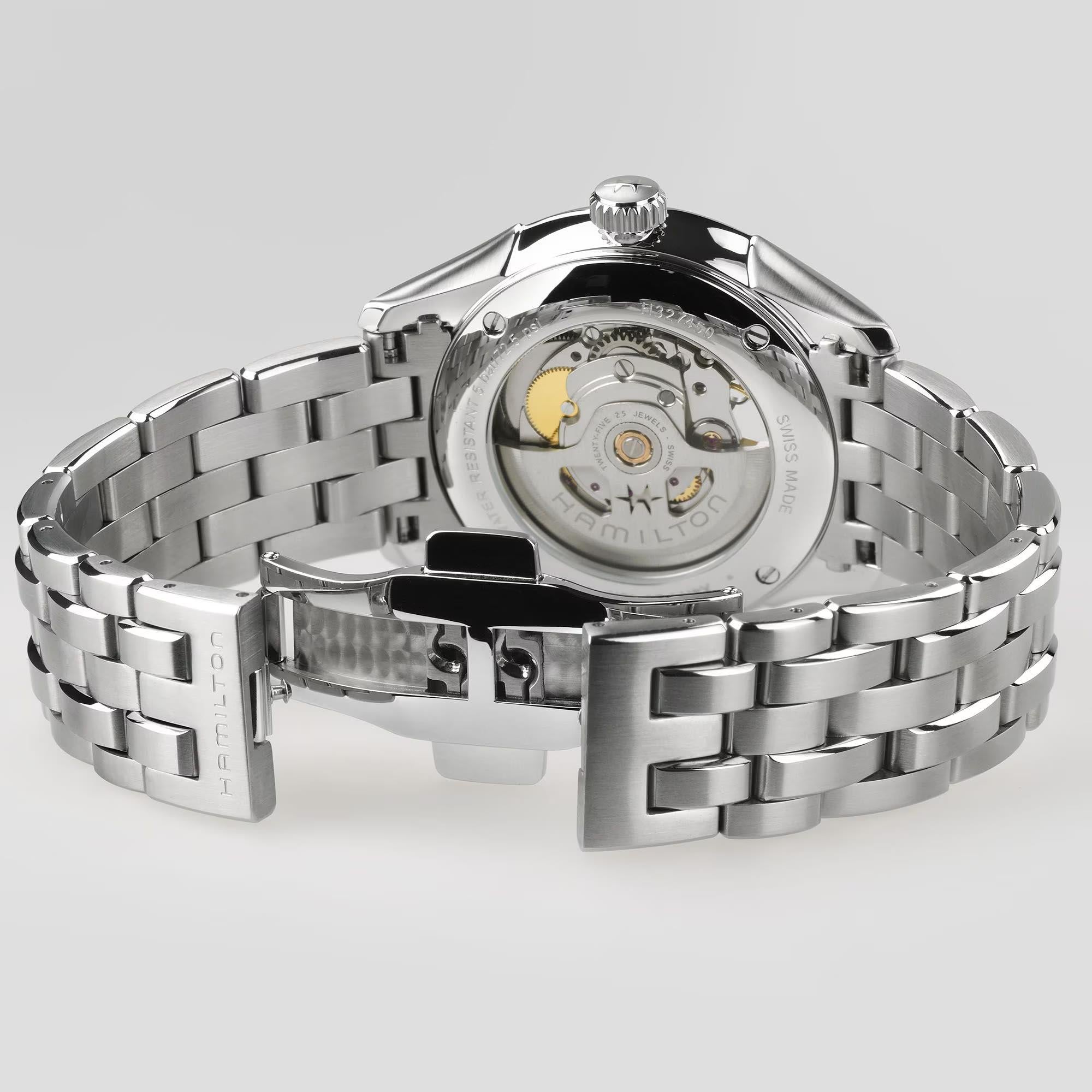 Hamilton Jazzmaster H32675170 steel bracelet and exhibition case back revealing H-10 automatic movement