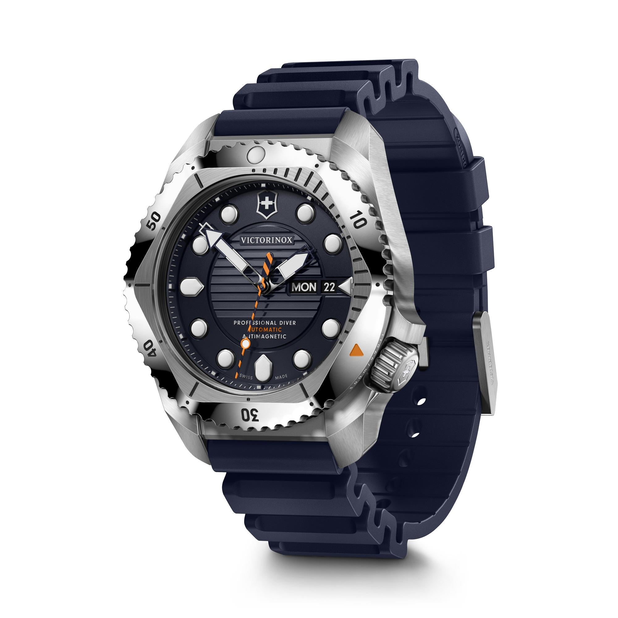 Victorinox Dive Pro 43mm blue dial automatic men's dive watch with navy rubber strap full front view