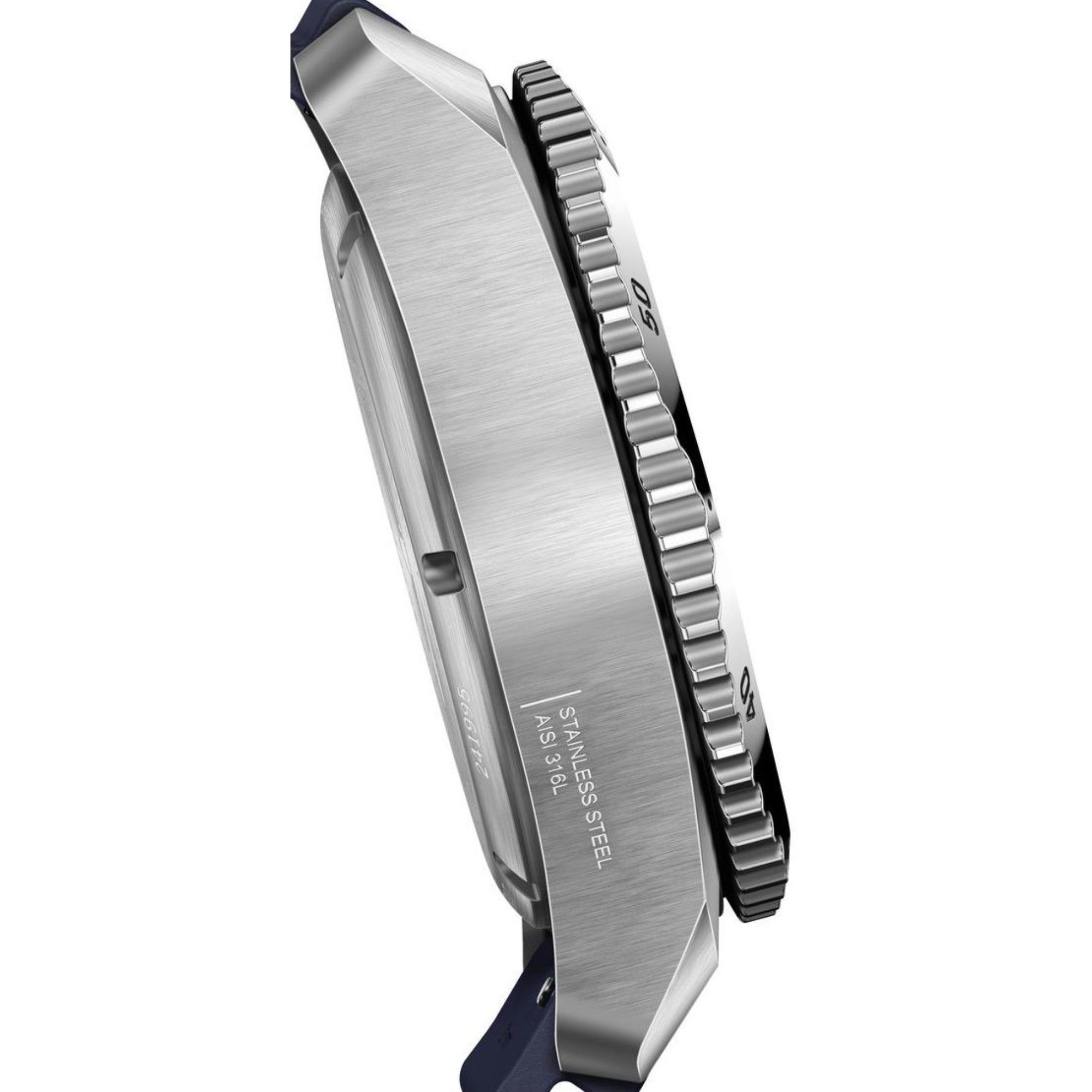 Close-up side profile of Victorinox Dive Pro 241995 highlighting the rotating bezel, case thickness and screw-down crown
