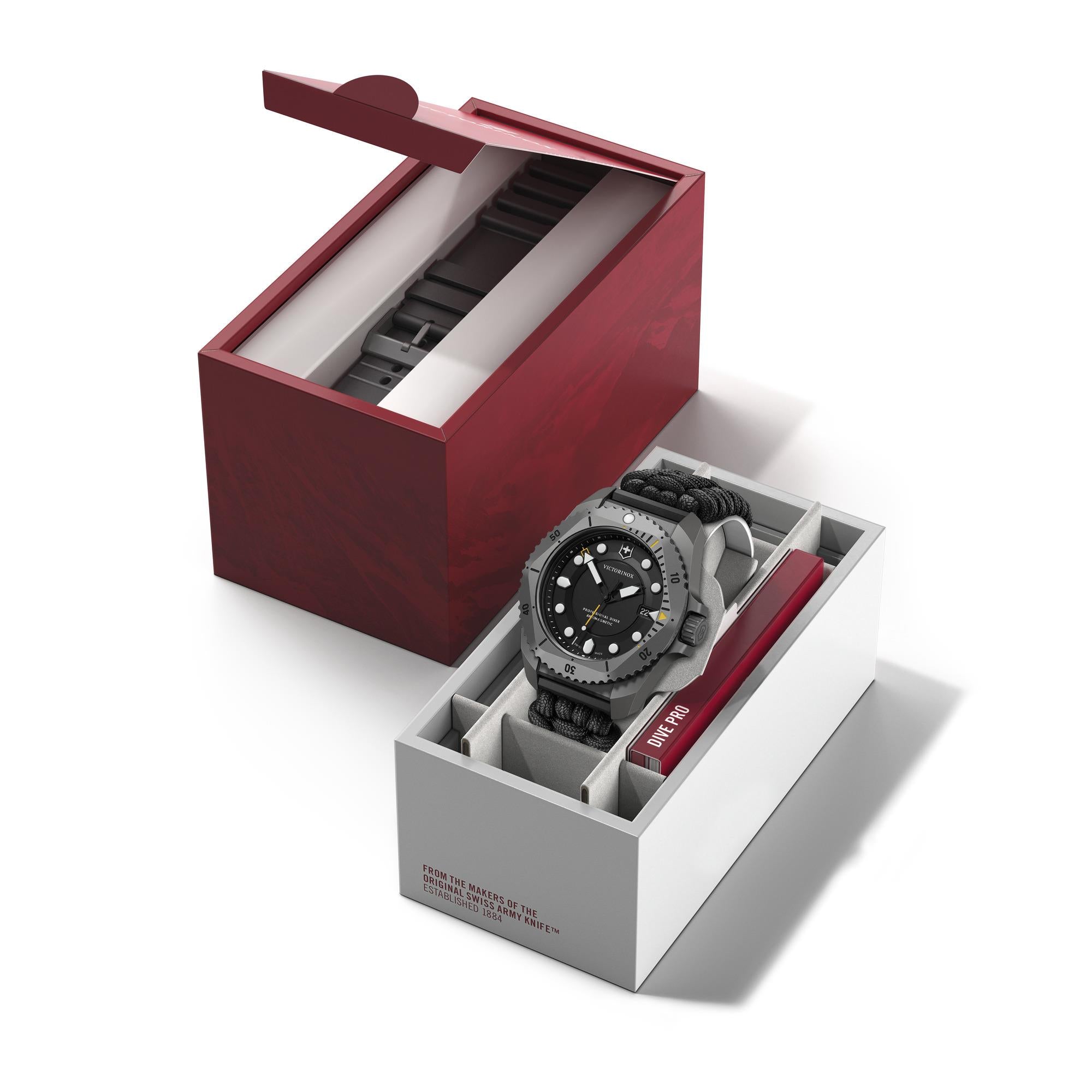 Victorinox Dive Pro 43mm watch displayed in premium red and white gift box packaging
